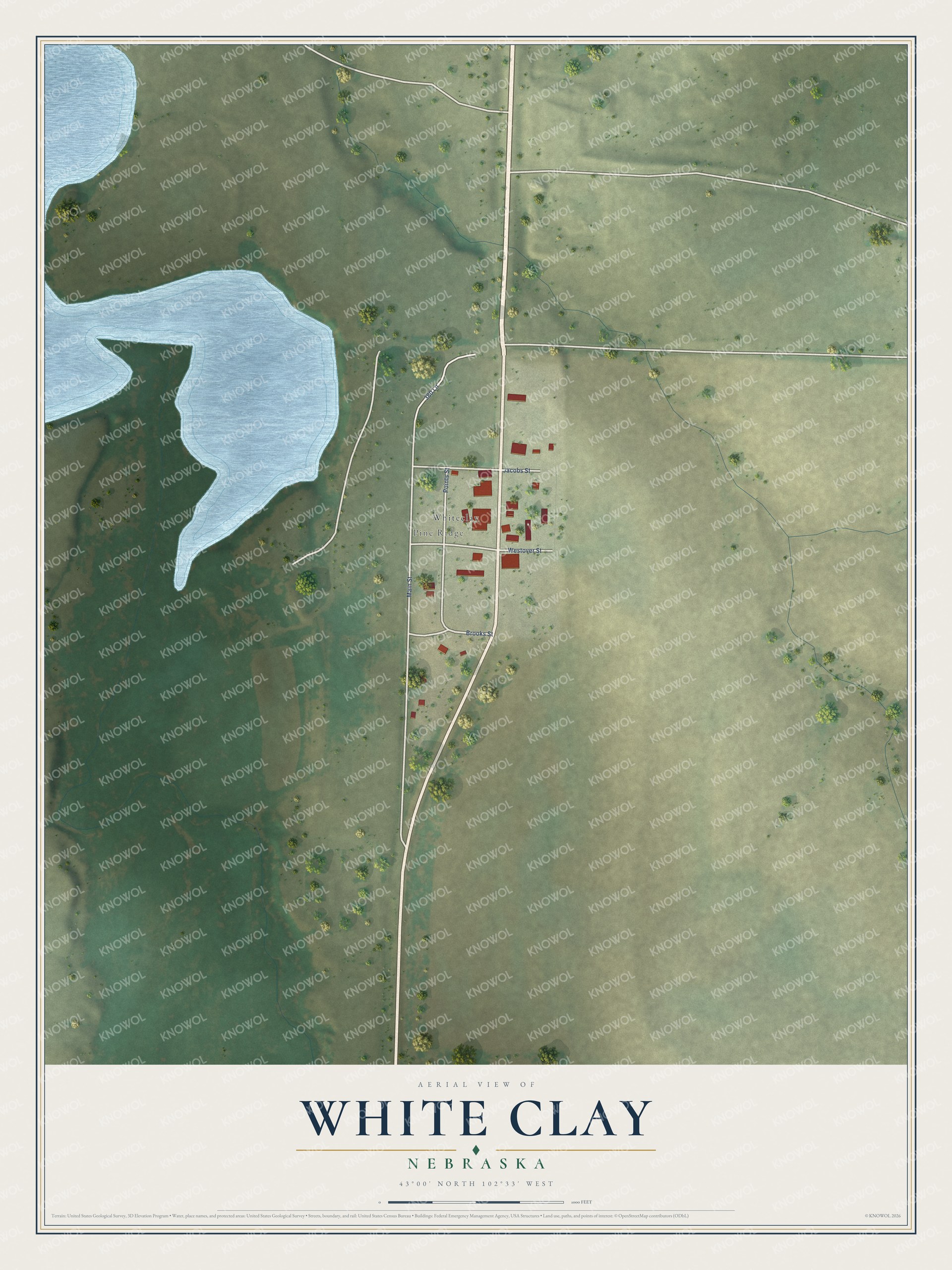 Full map of White Clay, Nebraska, with red buildings, printed street names and the land around them