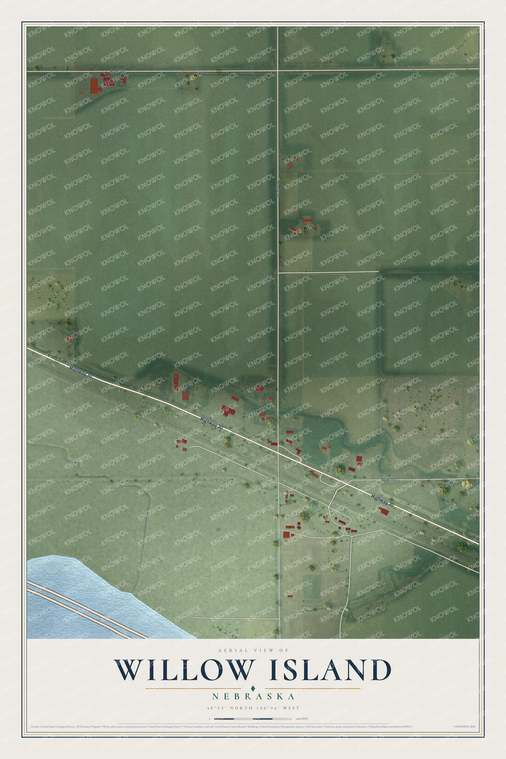 Full map of Willow Island, Nebraska, with red buildings, printed street names and the land around them