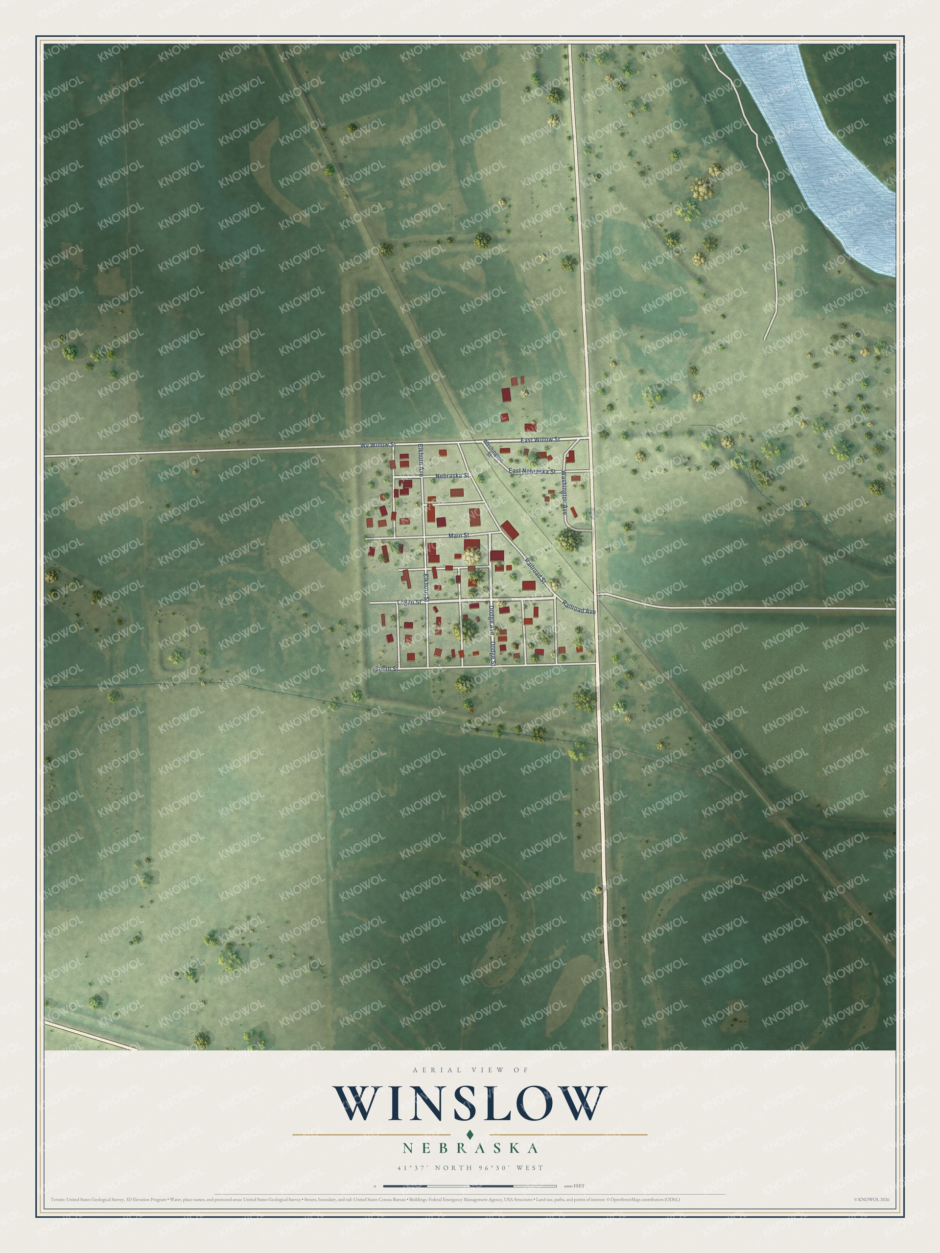 Full map of Winslow, Nebraska, with red buildings, printed street names and the land around them