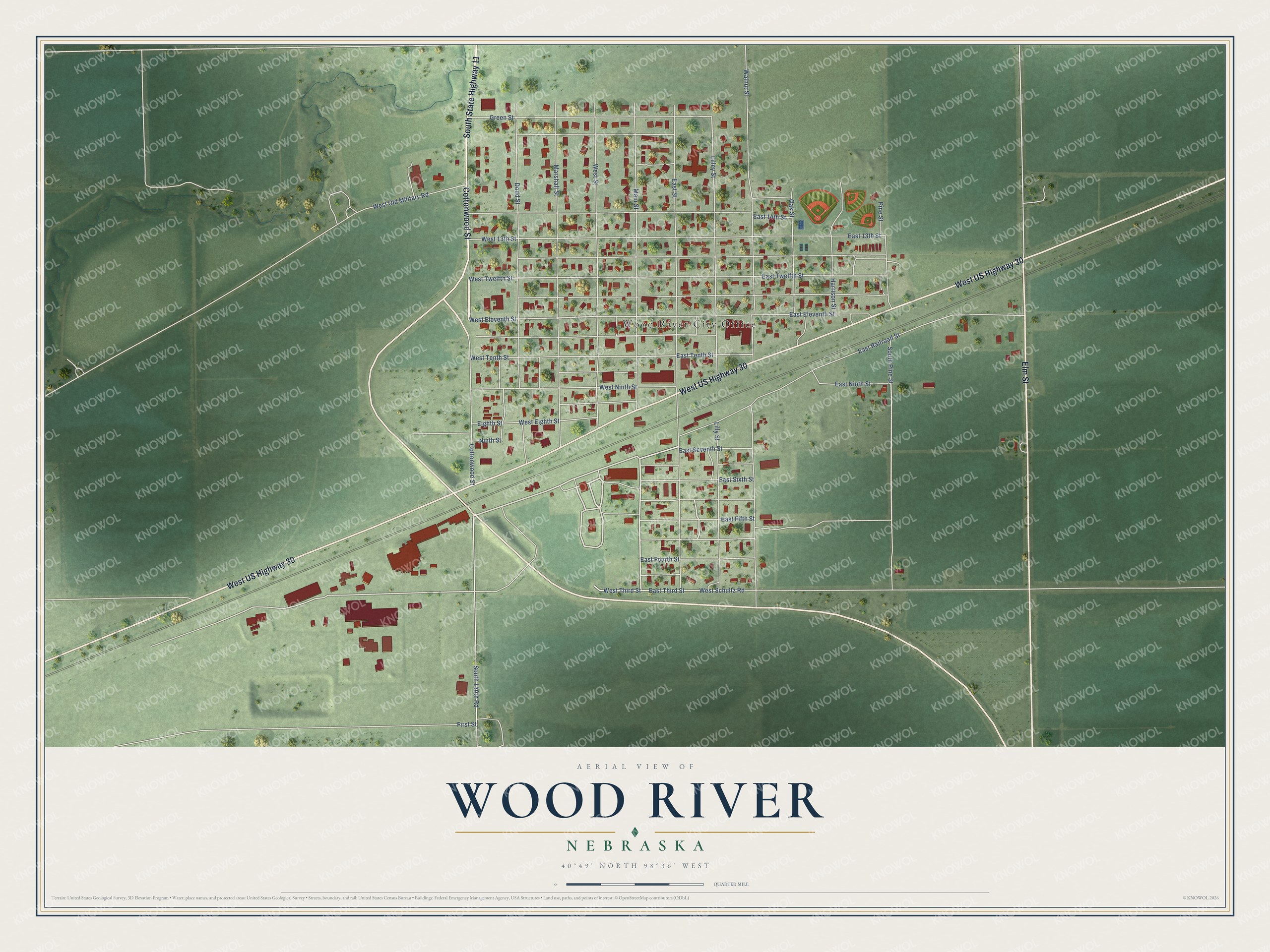 Full map of Wood River, Nebraska, with red buildings, printed street names and the land around them