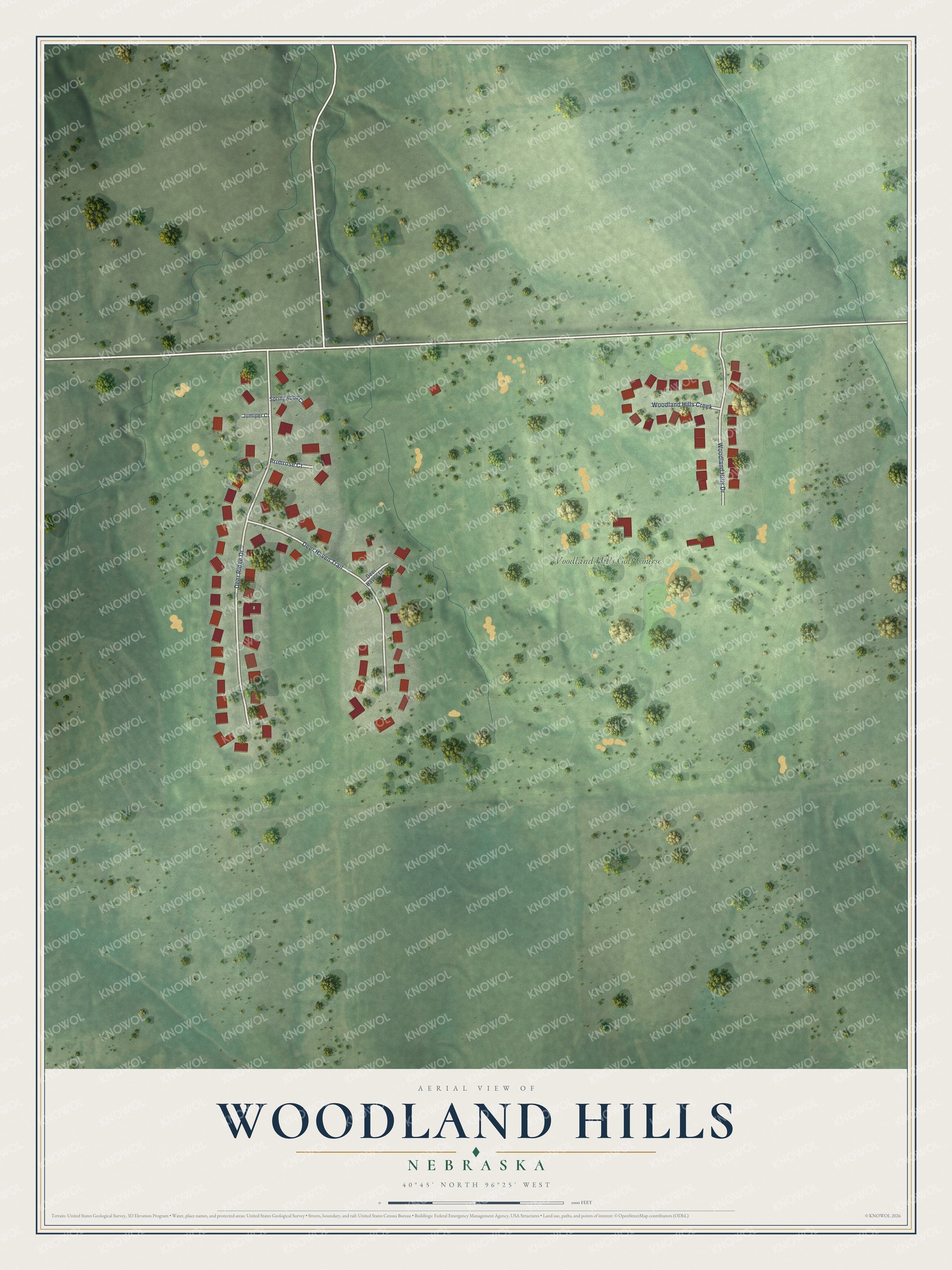 Full map of Woodland Hills, Nebraska, with red buildings, printed street names and the land around them