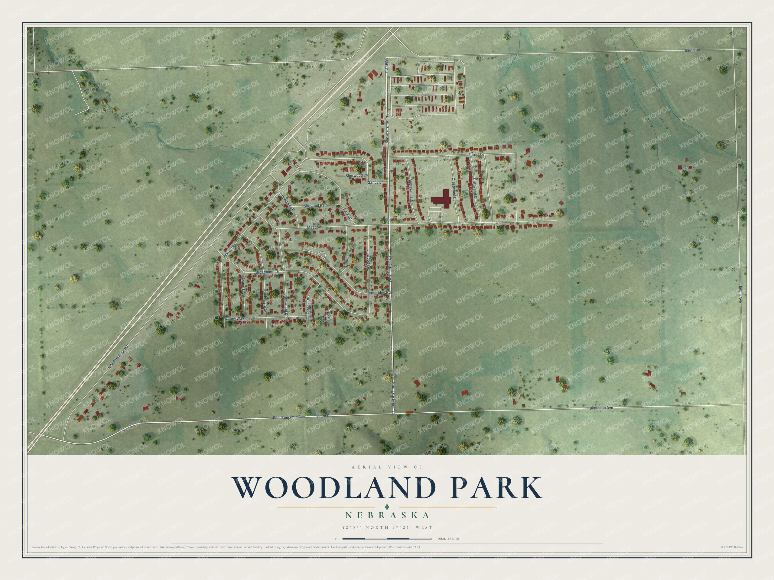 Full map of Woodland Park, Nebraska, with red buildings, printed street names and the land around them