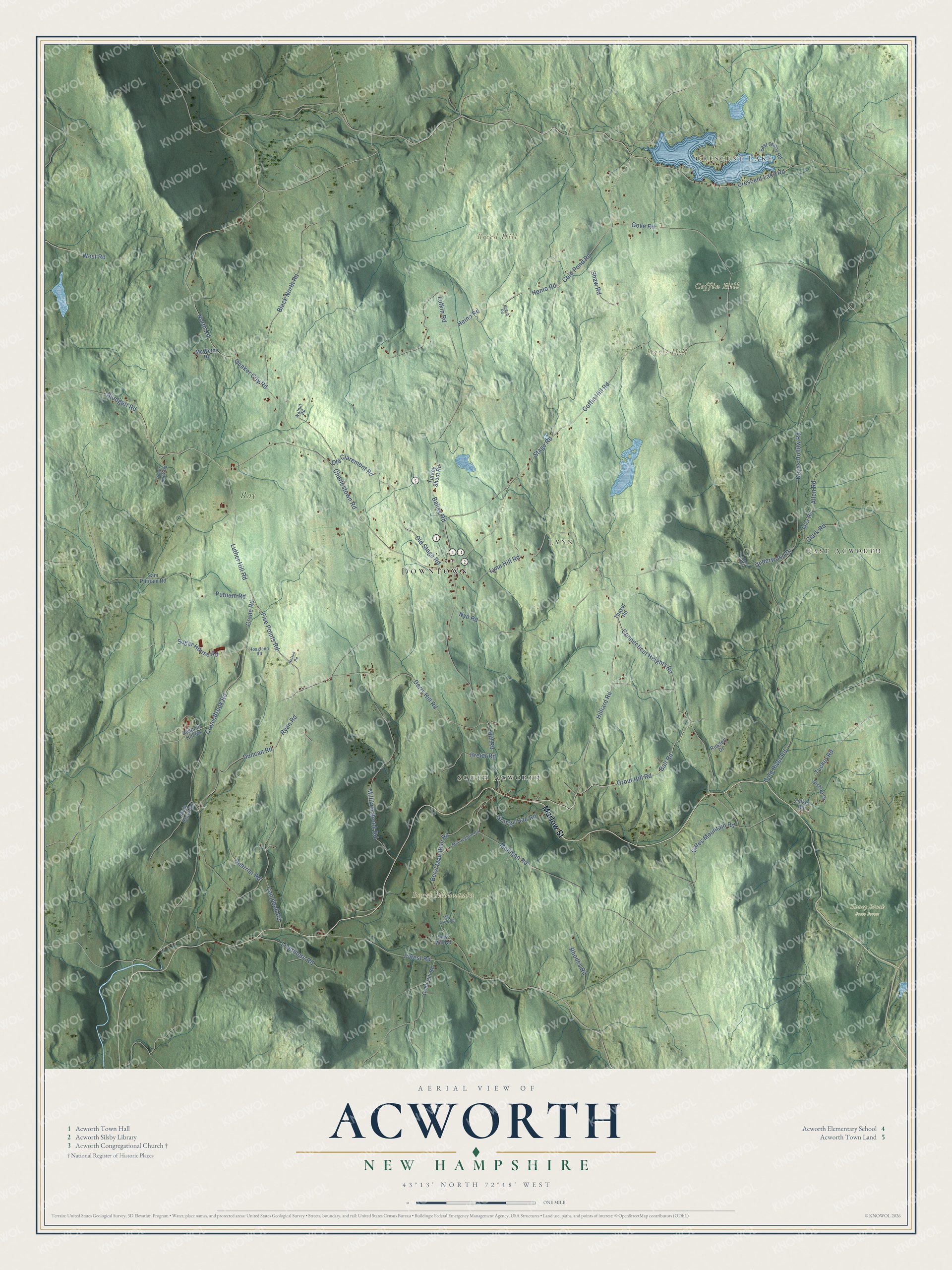 Map of Acworth, New Hampshire, from Crescent Lake down the Cold River valley to the town common