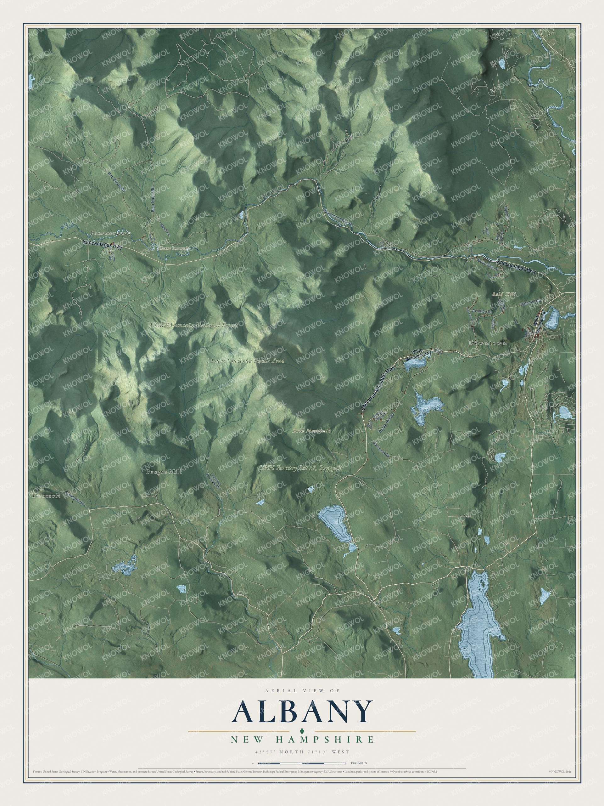 Map of Albany, New Hampshire, with Mount Chocorua, the Swift River valley and the Kancamagus Highway