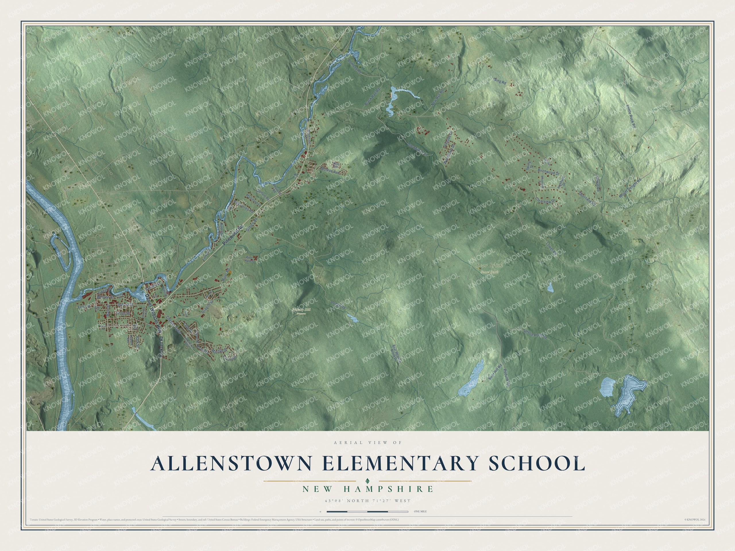 Full map of Allenstown Elementary School, New Hampshire, with red buildings, printed street names and the land around them