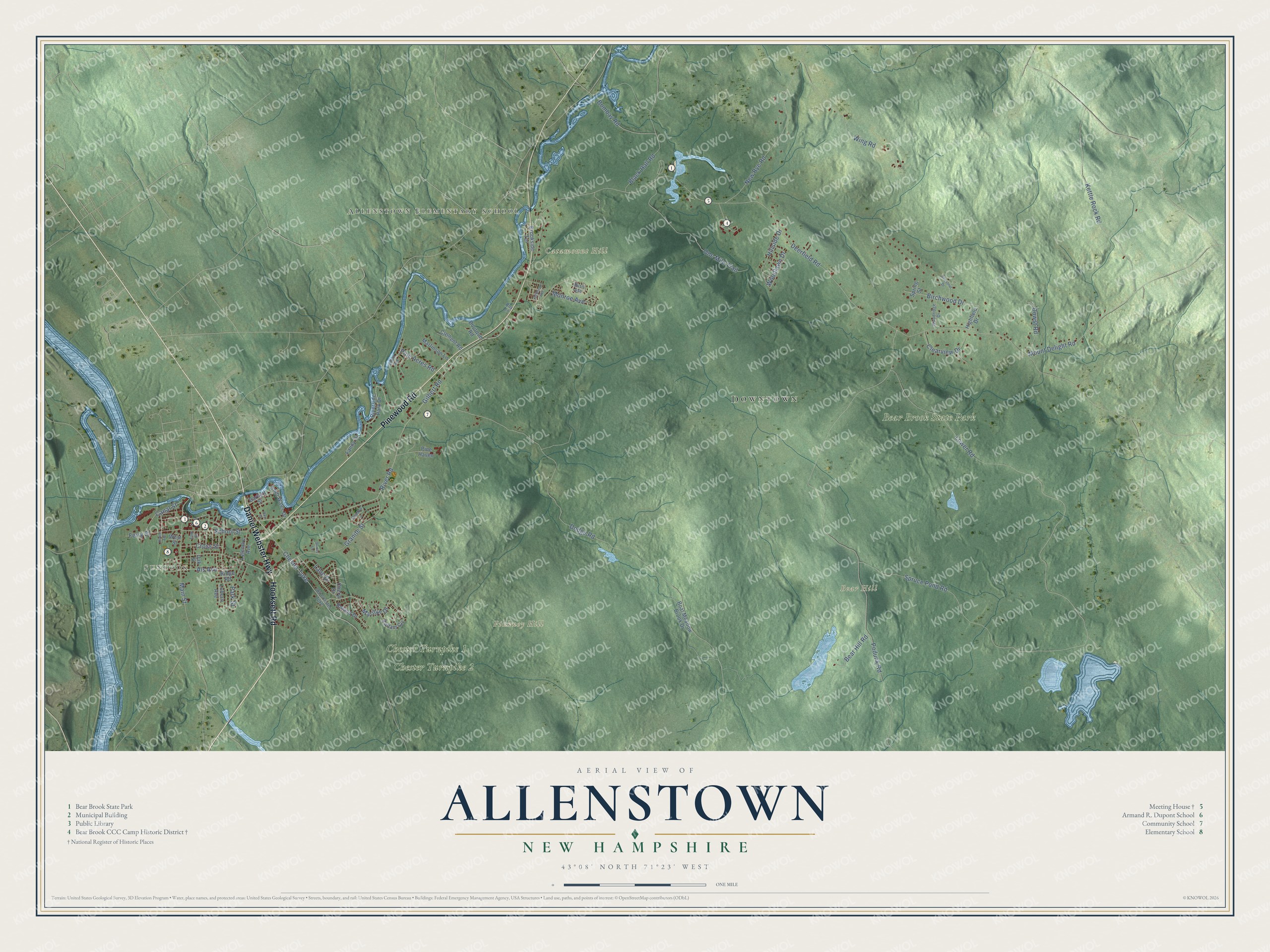 Map of Allenstown, New Hampshire, from Suncook on the Merrimack River across Bear Brook State Park to Bear Hill