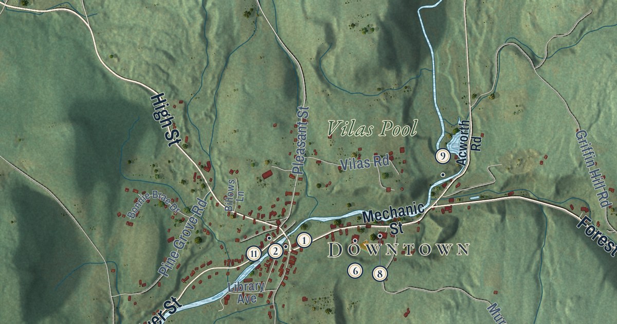 Close-up of streets and buildings in Alstead, New Hampshire