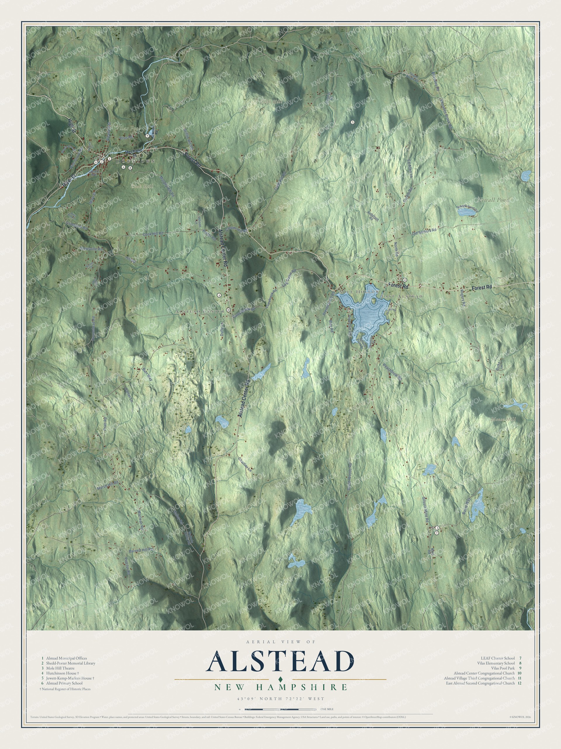Map of Alstead, New Hampshire, from the Cold River and the Shedd-Porter Memorial Library out to Lake Warren