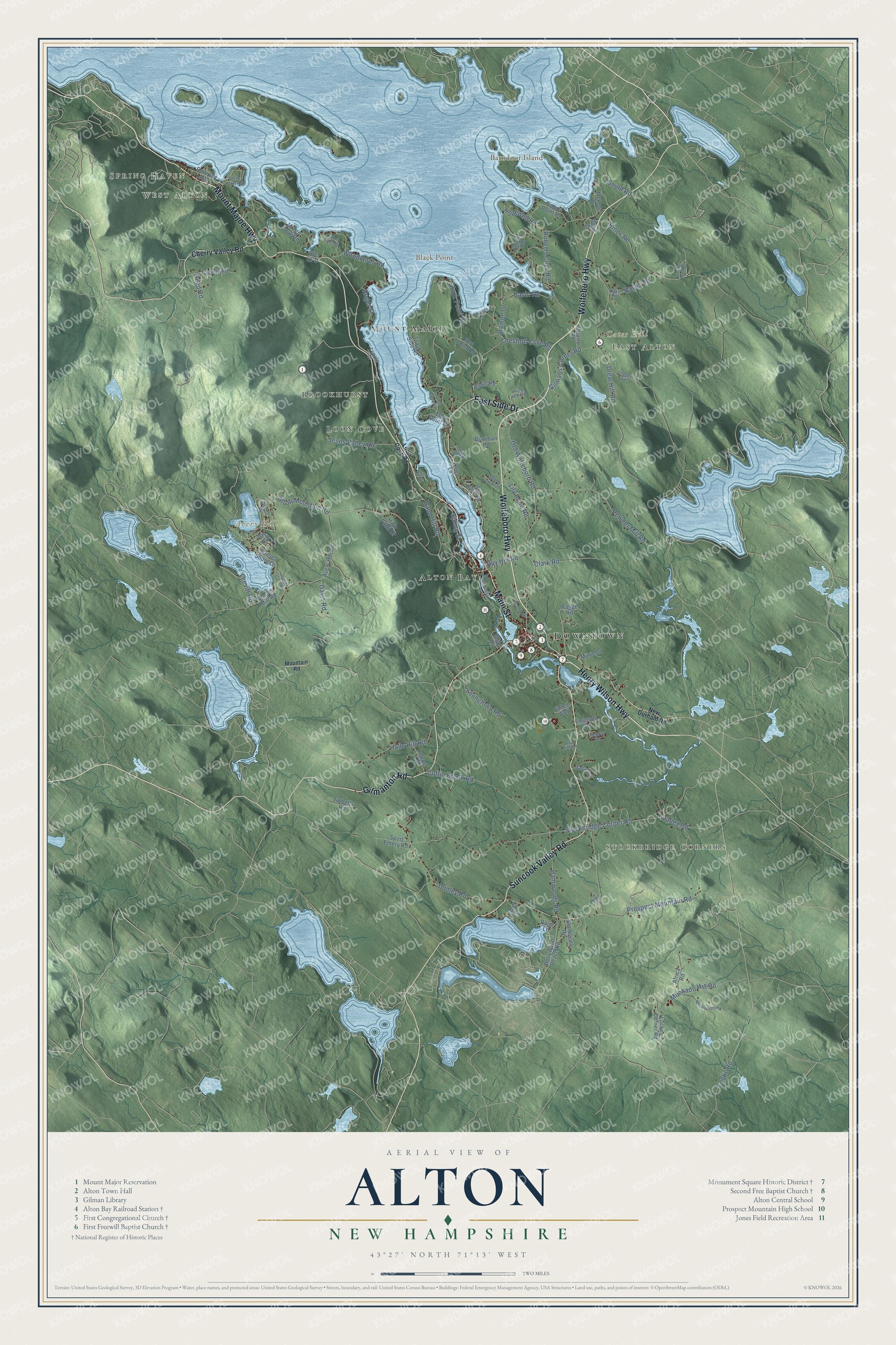 Map of Alton, New Hampshire, with Alton Bay, Mount Major and the southern end of Lake Winnipesaukee
