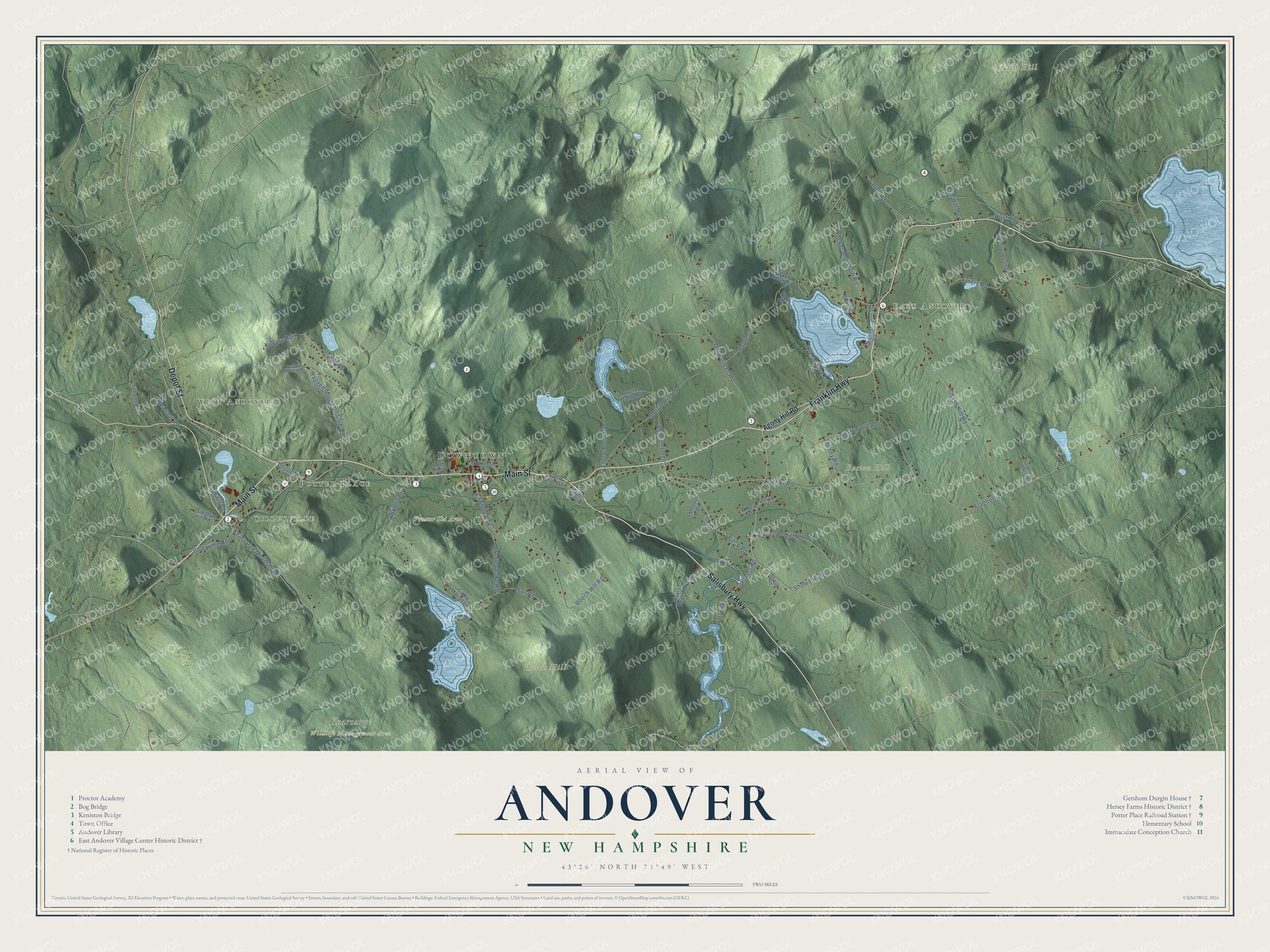 Map of Andover, New Hampshire, with Potter Place, East Andover, Proctor Academy and Highland Lake