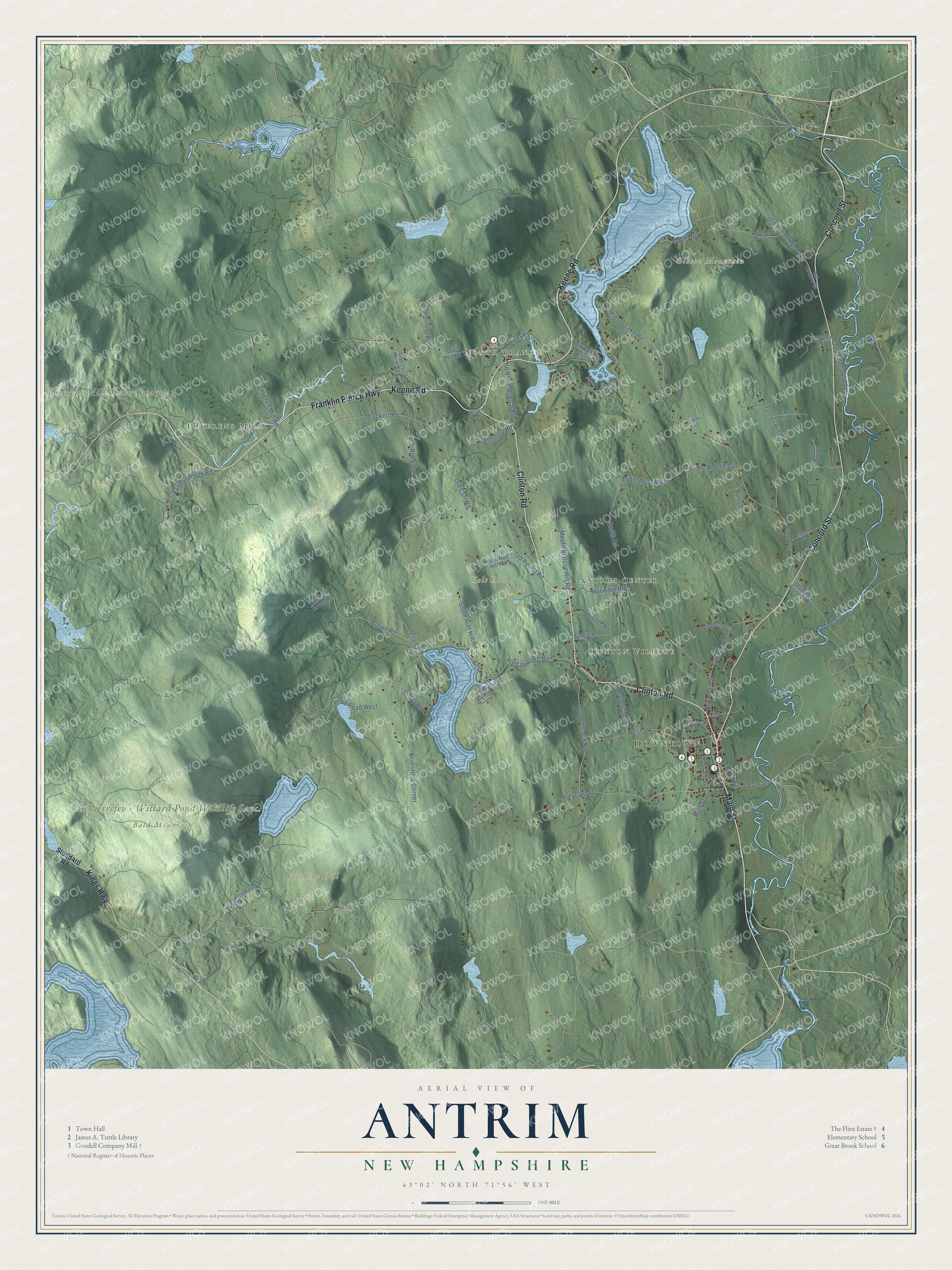 Map of Antrim, New Hampshire, along Route 31 from the main village through Clinton Village and Antrim Center to North Branch