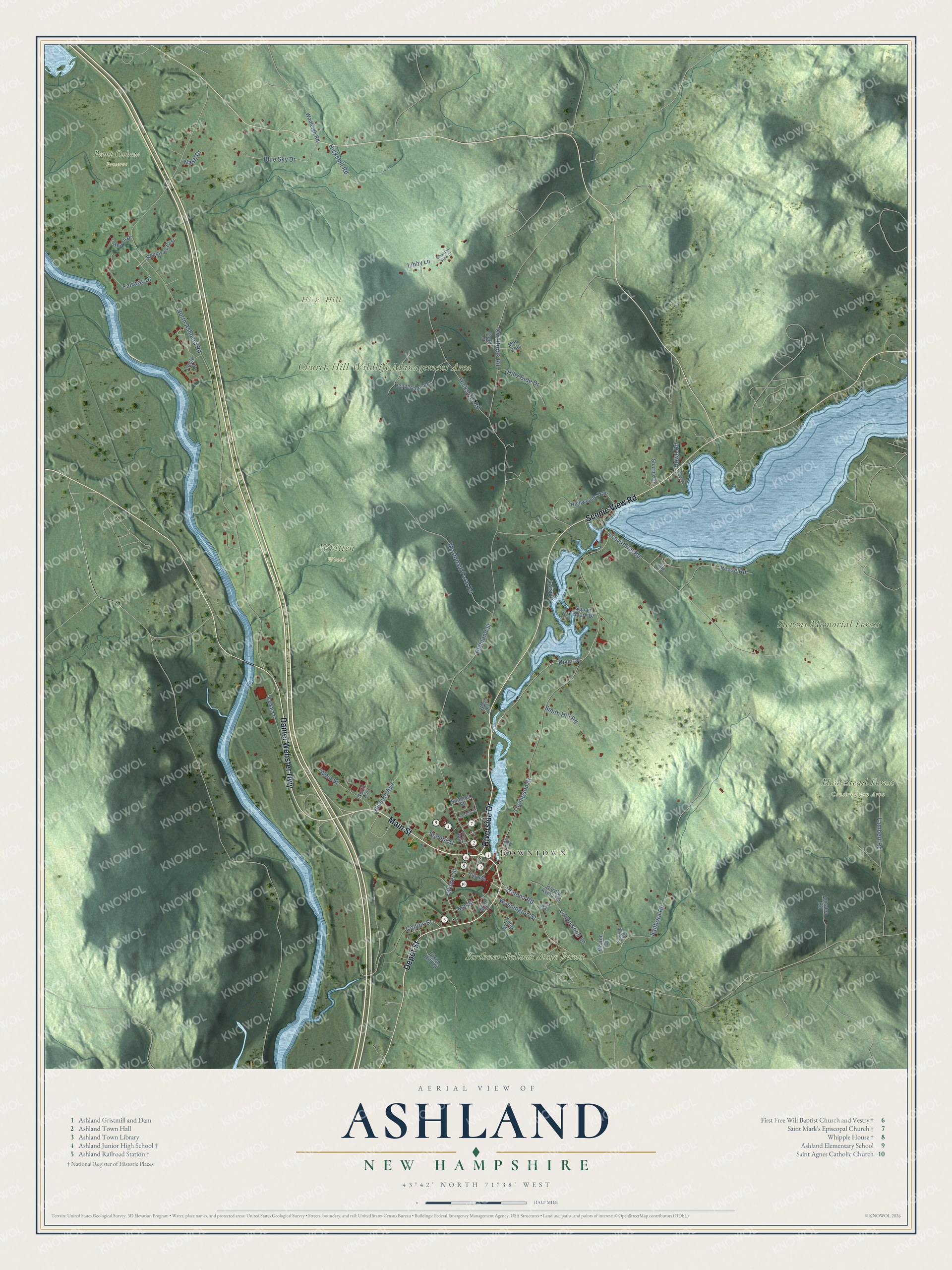 Map of Ashland, New Hampshire, with the Squam River, the gristmill and dam, the railroad station and Little Squam Lake