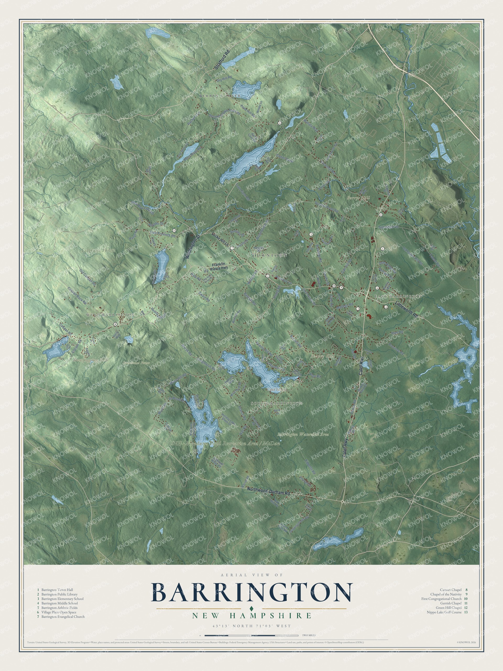 Map of Barrington, New Hampshire, with East Barrington, Swains Lake, Mendums Pond and the Isinglass River country