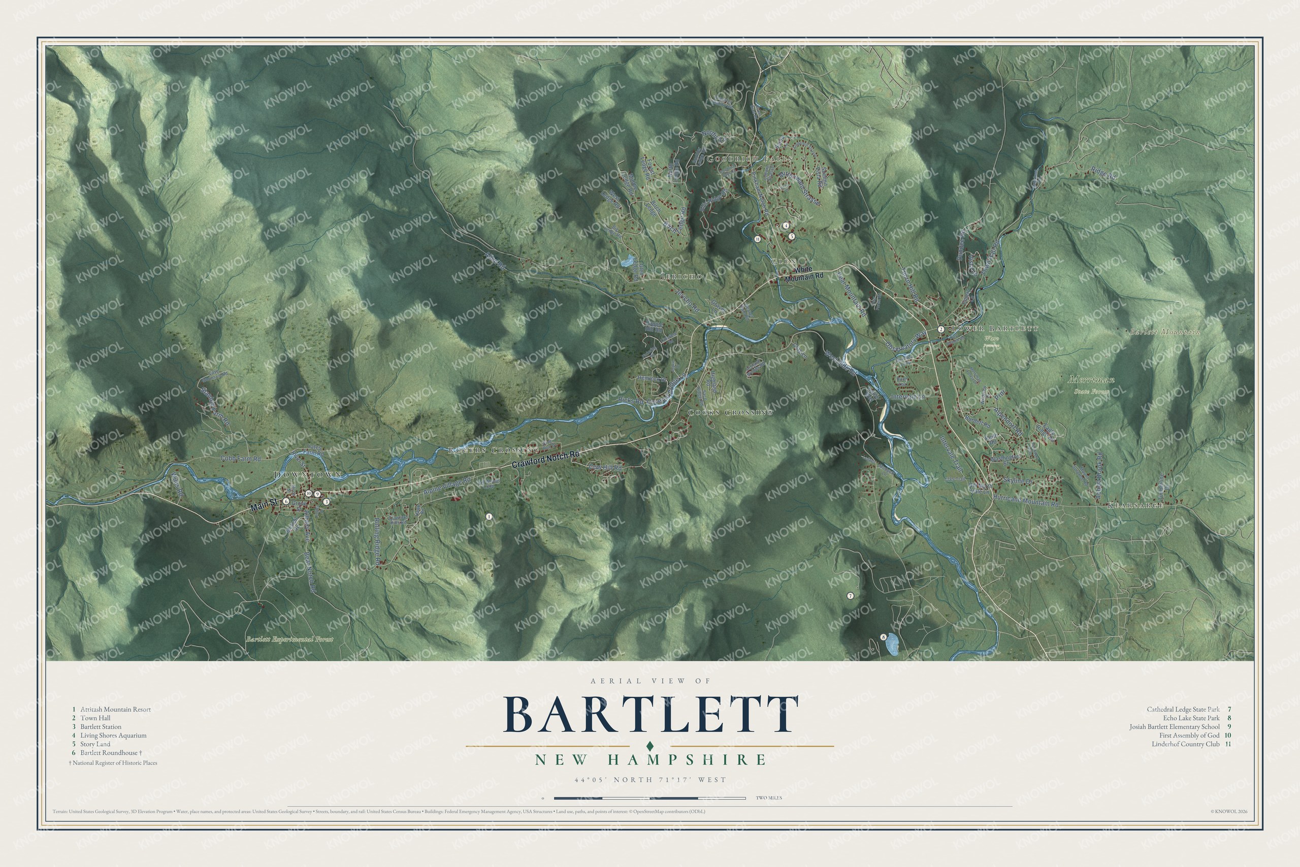 Map of Bartlett, New Hampshire, with the Saco River valley, Attitash, Glen and the roundhouse in the village