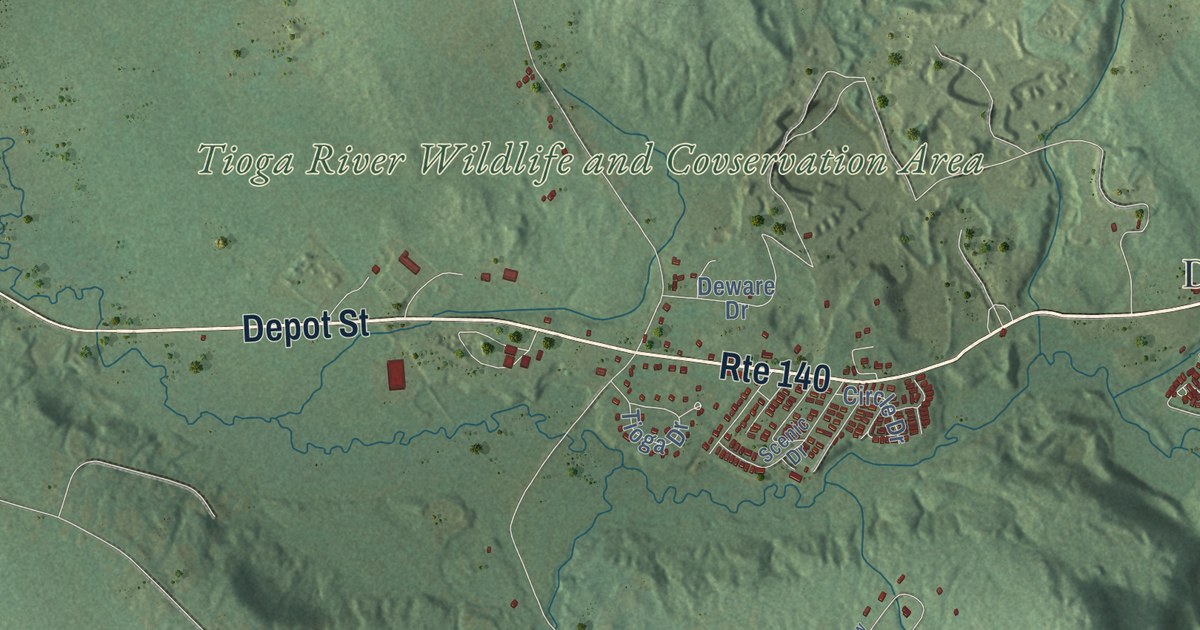 Close-up of streets and buildings in Belmont, New Hampshire
