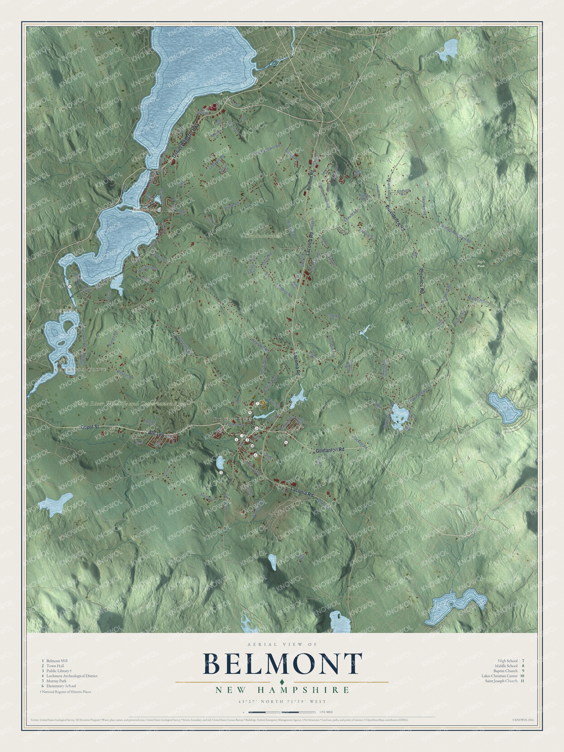 Map of Belmont, New Hampshire, with the mill village, Lochmere and the shore of Lake Winnisquam