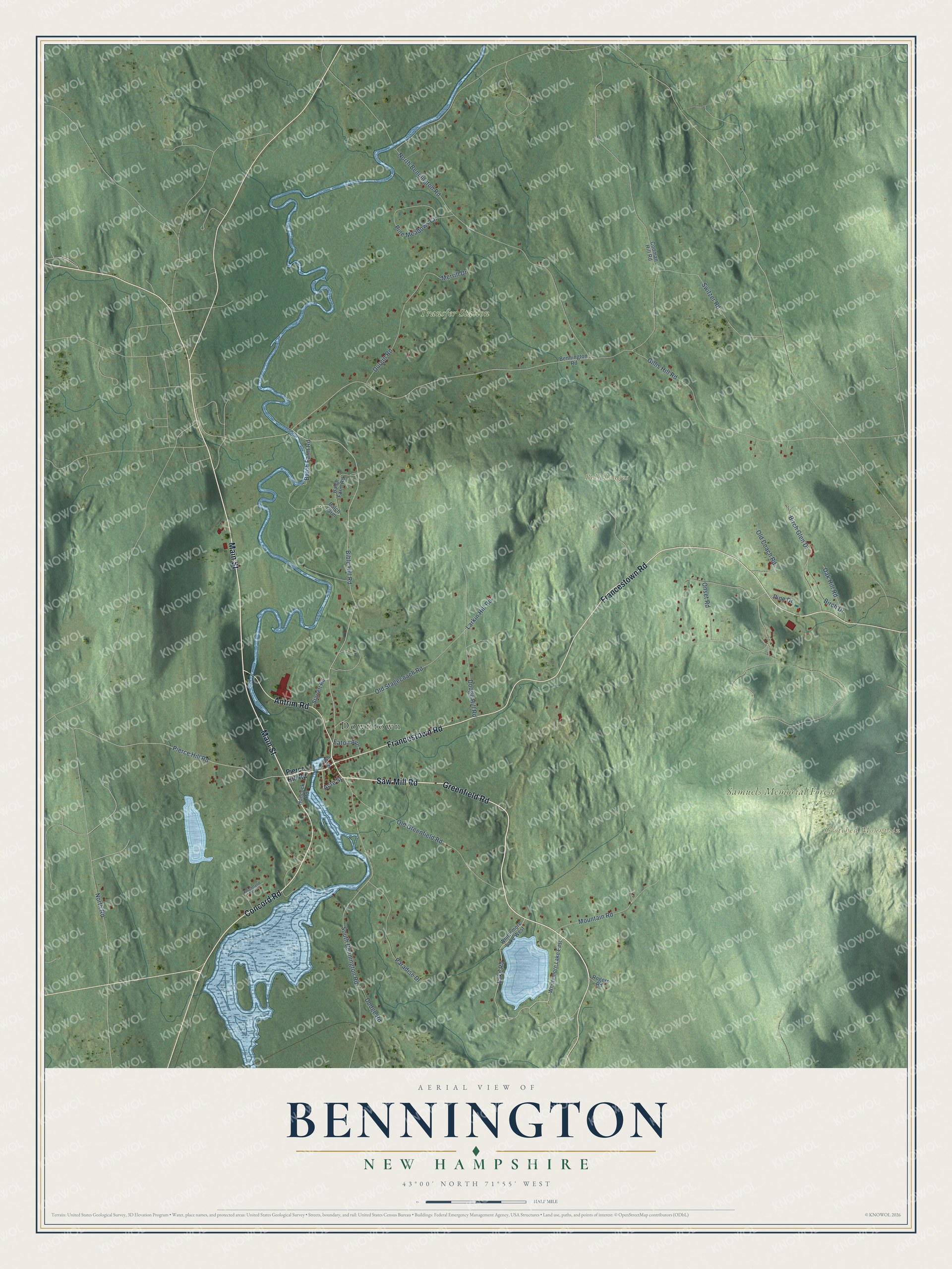 Map of Bennington, New Hampshire, with the Contoocook River, the village and the western slopes of Crotched Mountain
