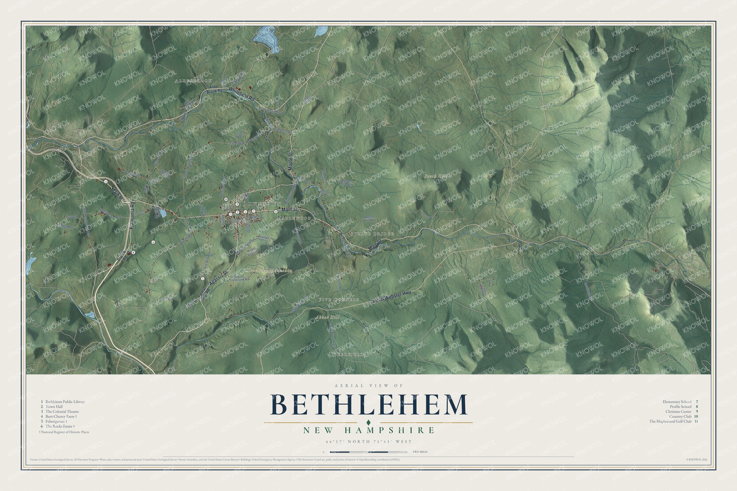 Map of Bethlehem, New Hampshire, with the Main Street village, Maplewood, Pierce Bridge and the White Mountain peaks to the east