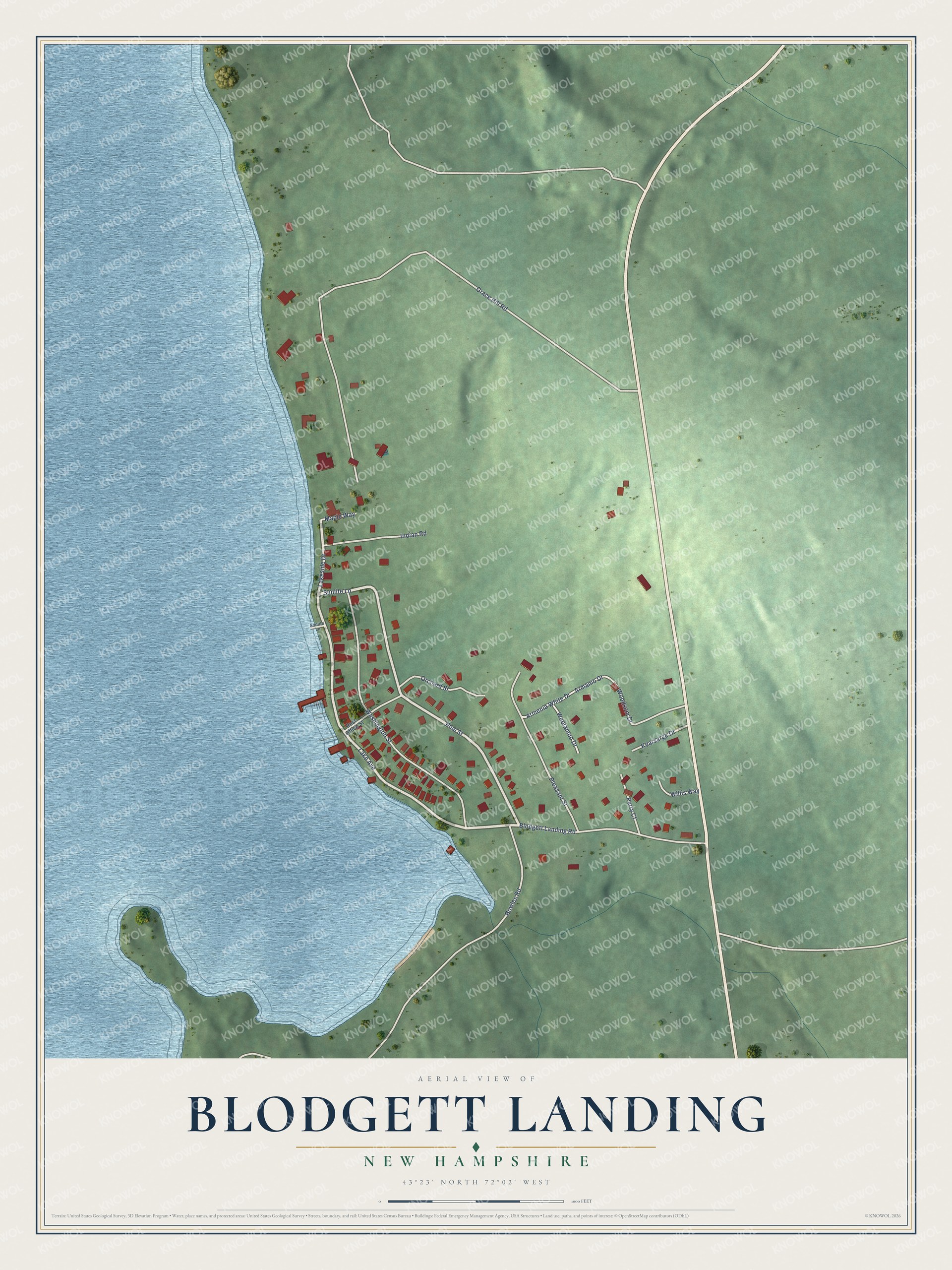 Full map of Blodgett Landing, New Hampshire, with red buildings, printed street names and the land around them