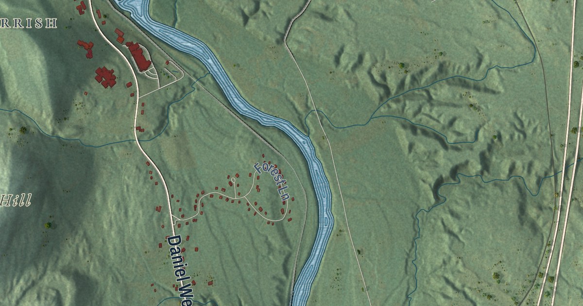 Close-up of streets and buildings in Boscawen, New Hampshire