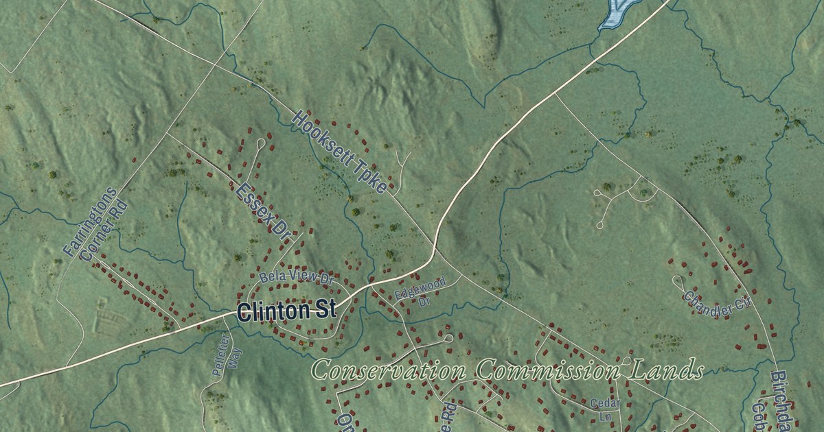 Close-up of streets and buildings in Bow, New Hampshire