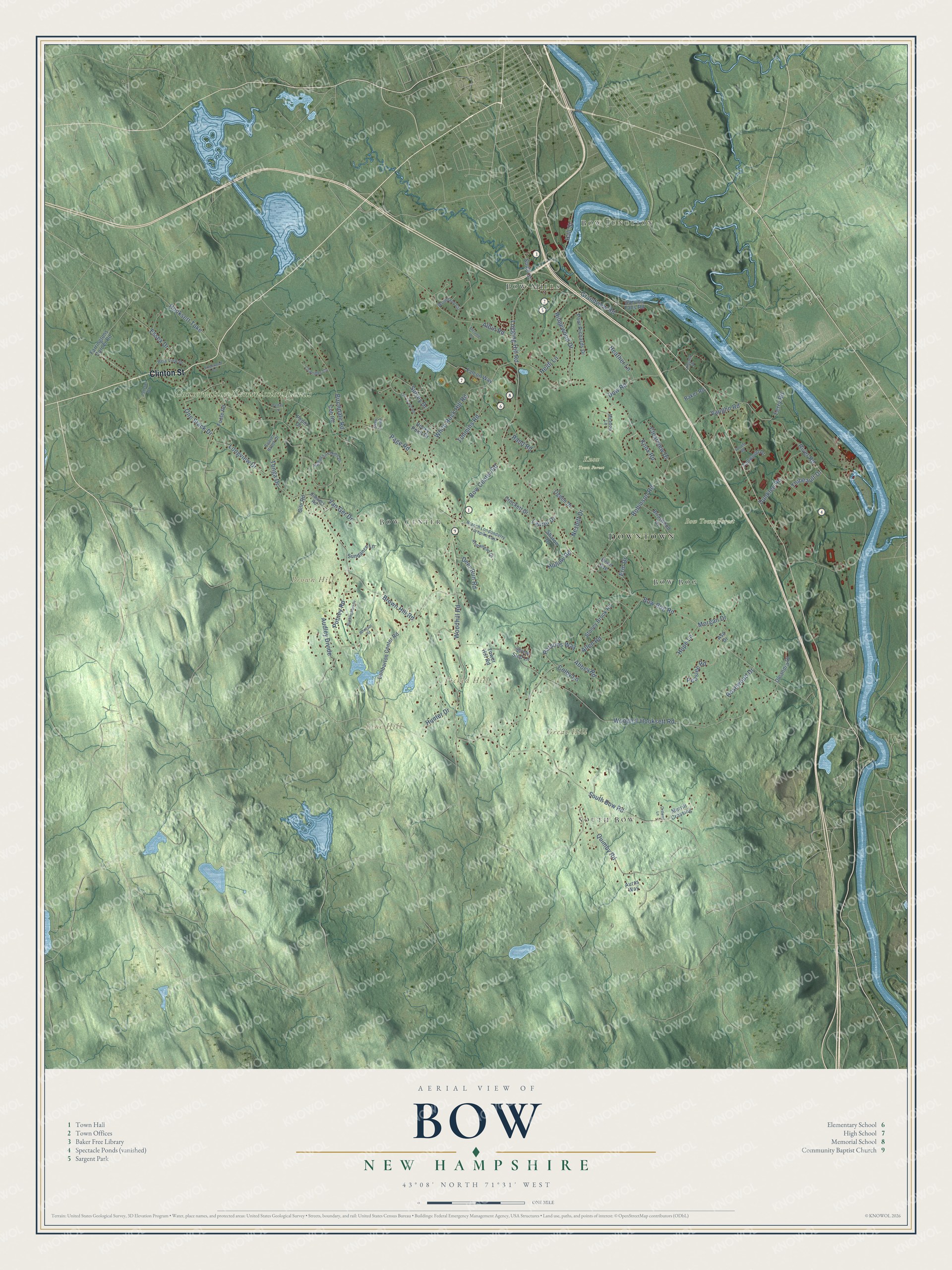 Map of Bow, New Hampshire, with its villages, the bend in the Merrimack River and Picked Hill