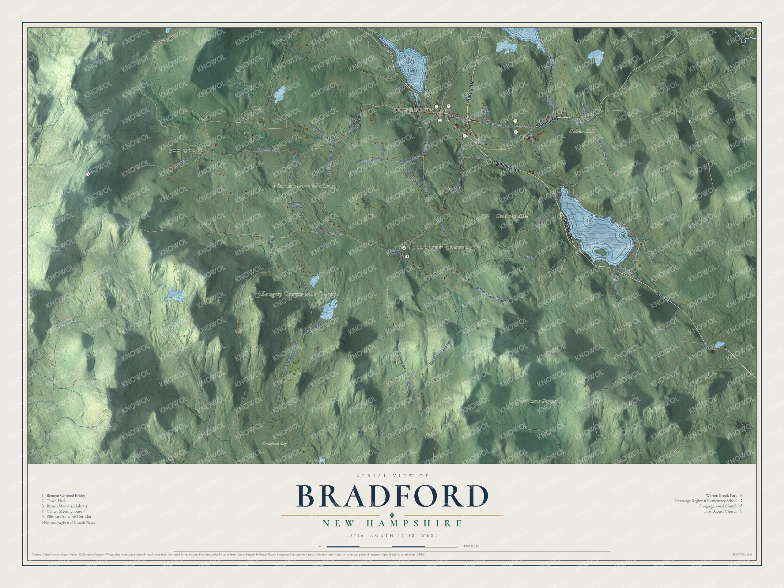 Map of Bradford, New Hampshire, with the Warner River village, Bradford Center, the Bement Covered Bridge and Lake Massasecum