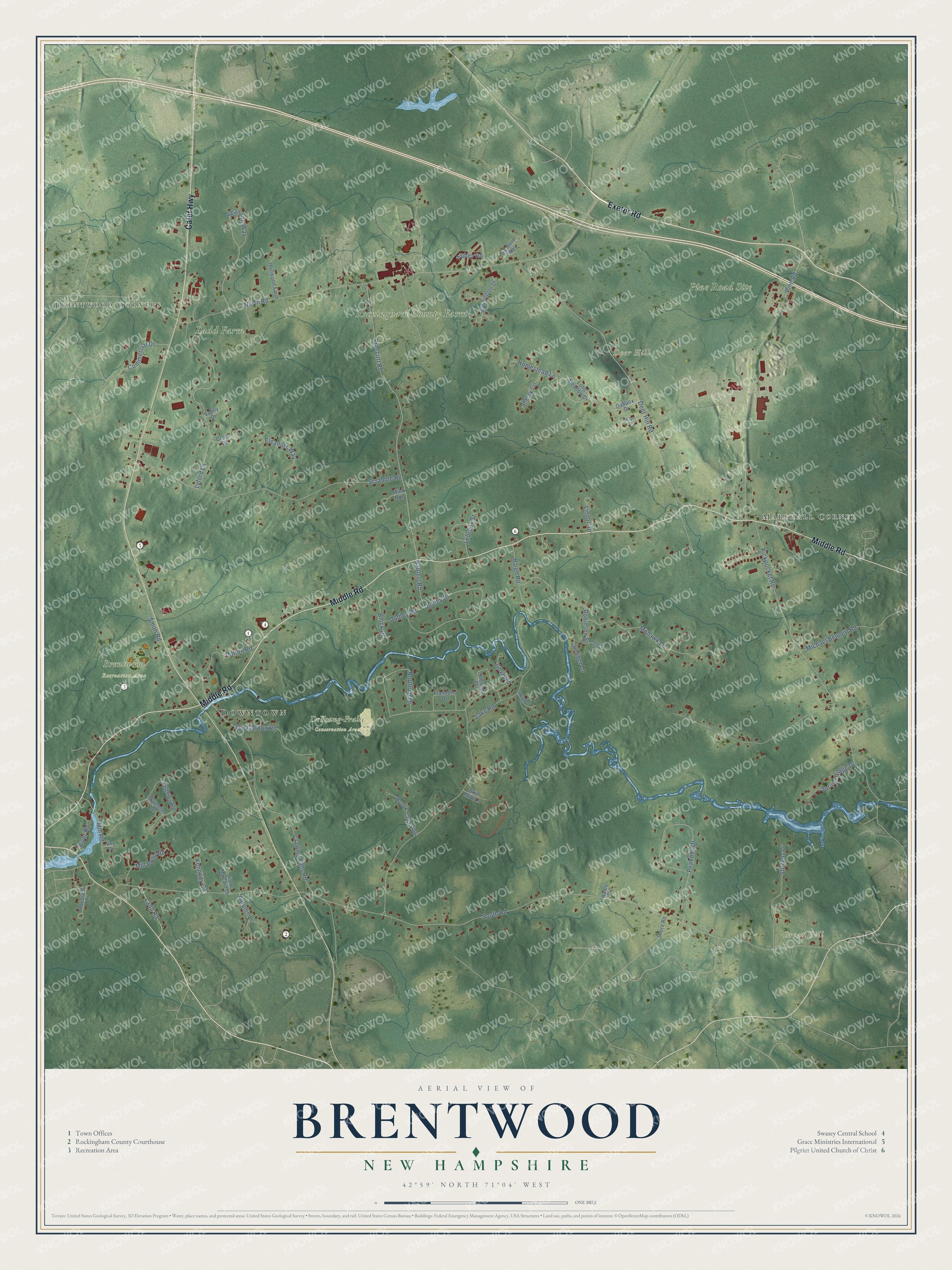 Map of Brentwood, New Hampshire, with the Exeter River, the county complex, Brentwood Corners and Great Hill