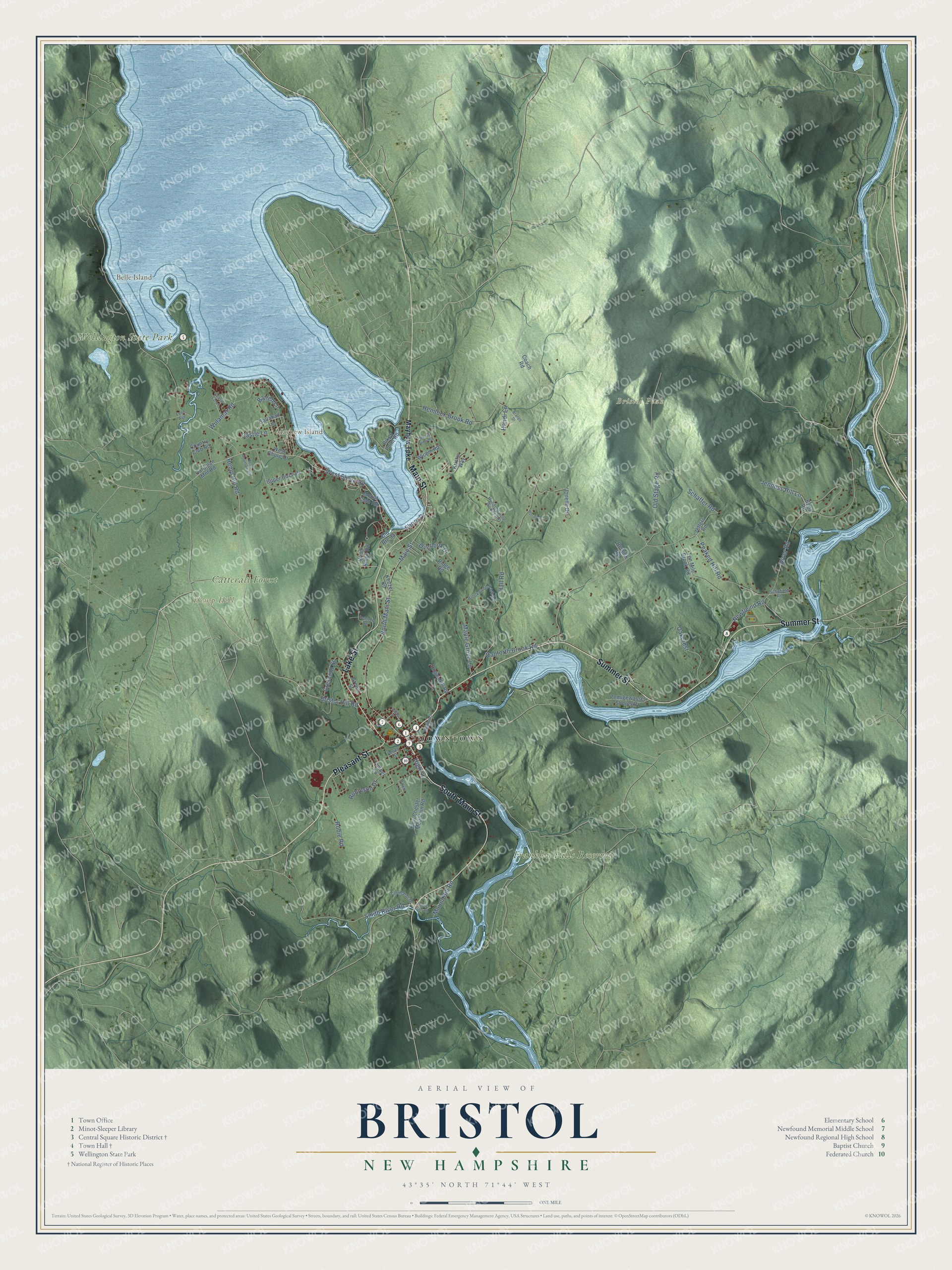 Map of Bristol, New Hampshire, with Central Square on the Newfound River and the southern end of Newfound Lake