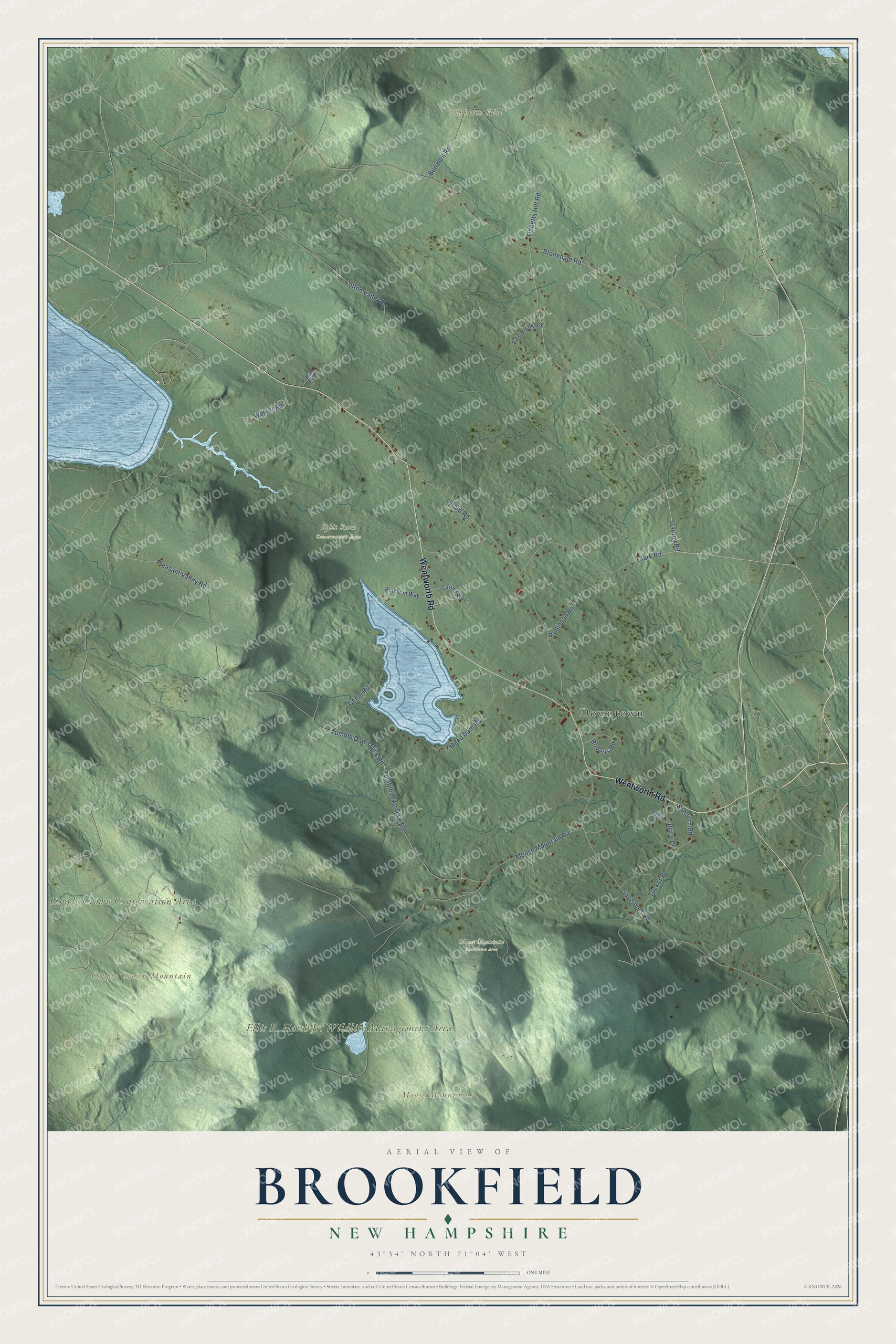 Map of Brookfield, New Hampshire, with Copple Crown Mountain, the Moose Mountains and Tibbetts Hill