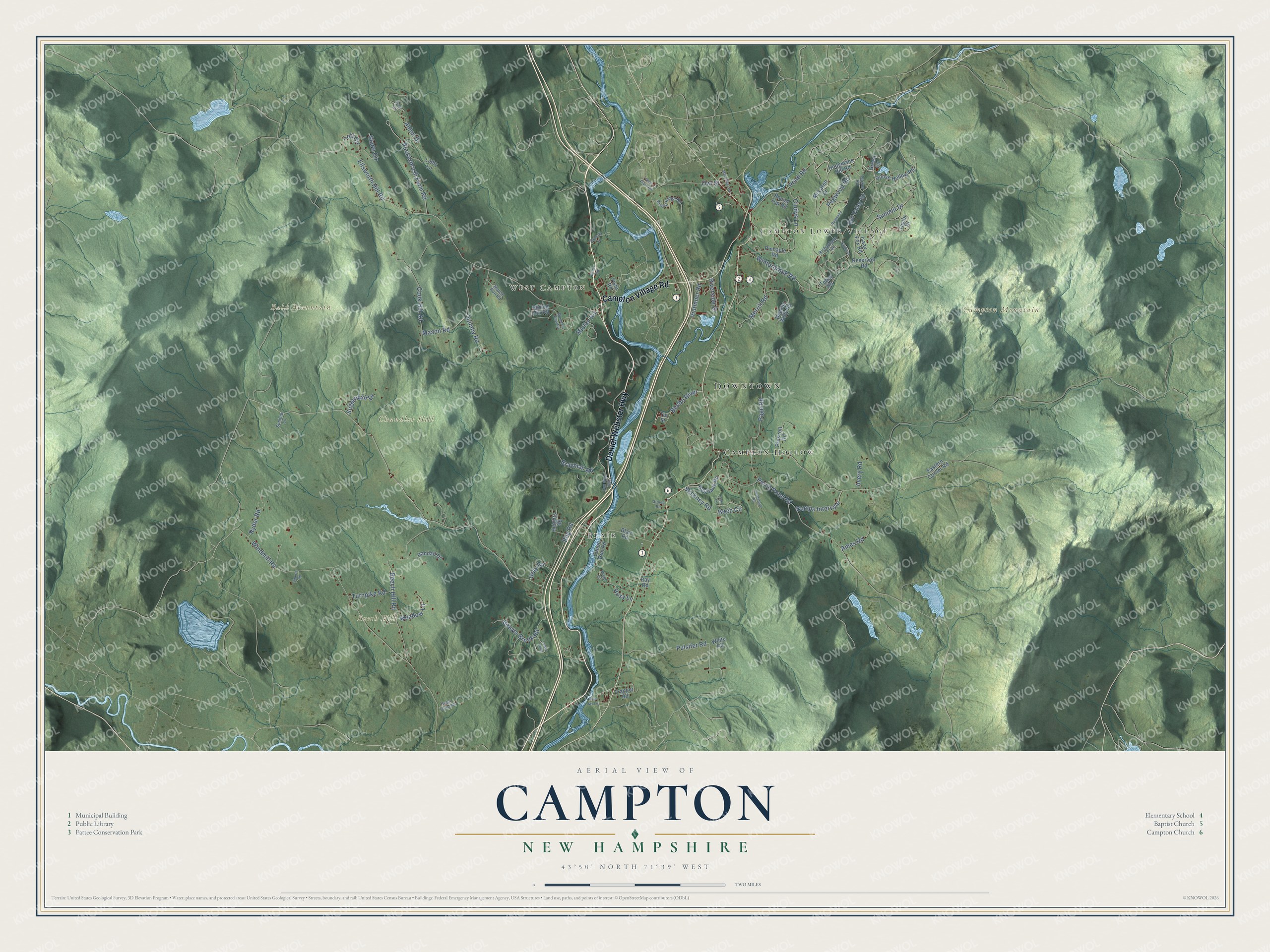 Map of Campton, New Hampshire, along the Pemigewasset, Mad and Beebe rivers with the Blair Bridge and the village centers