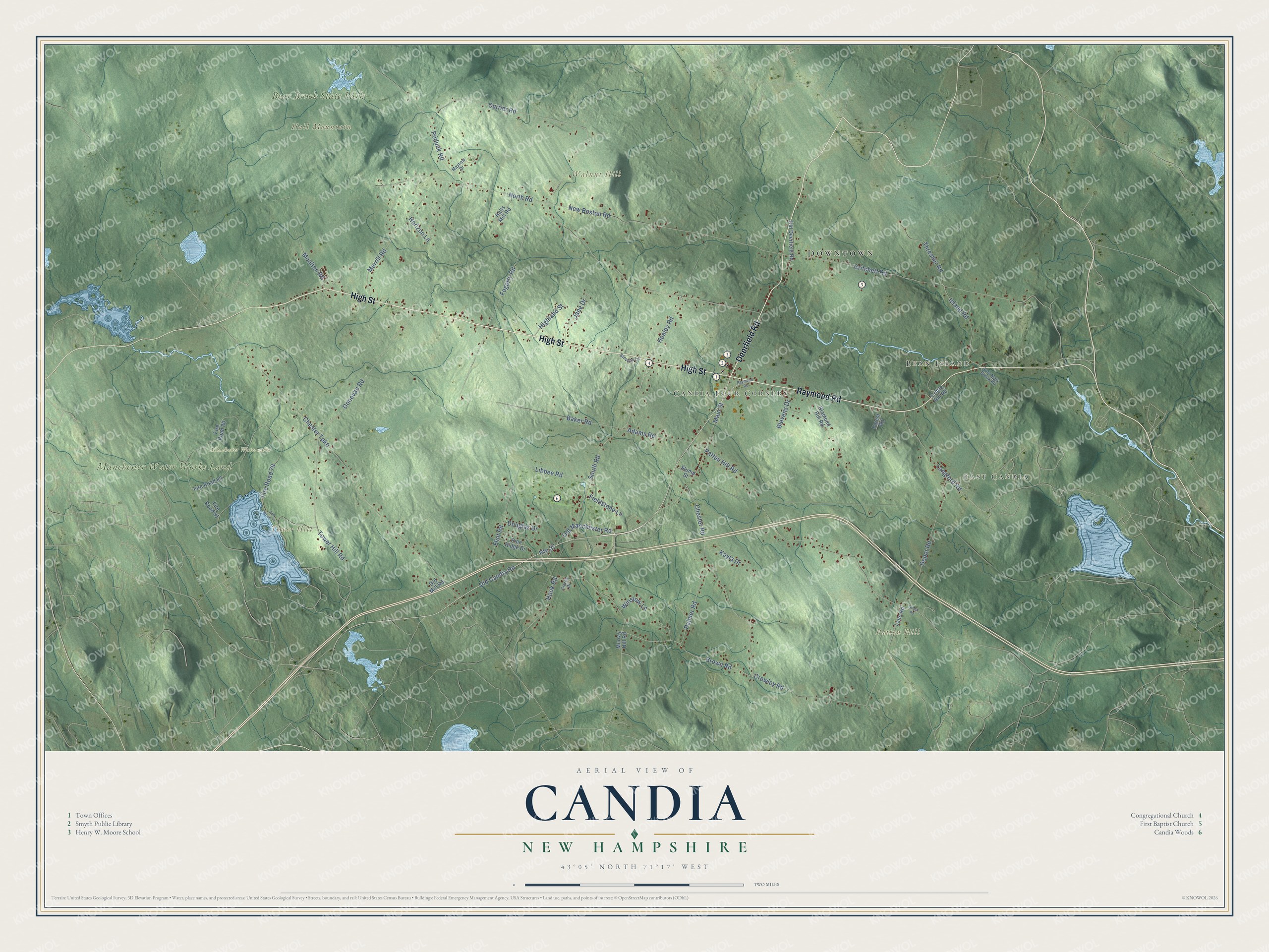 Map of Candia, New Hampshire, with the Four Corners, the east village, Hall Mountain and the North Branch River country