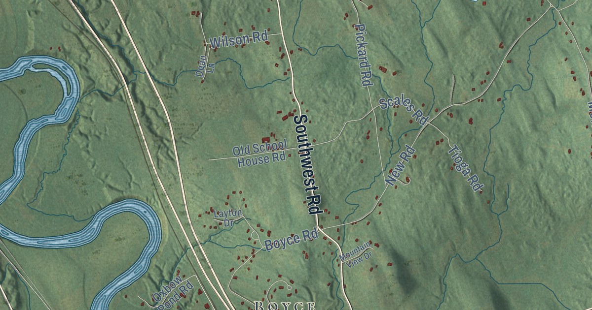 Close-up of streets and buildings in Canterbury, New Hampshire