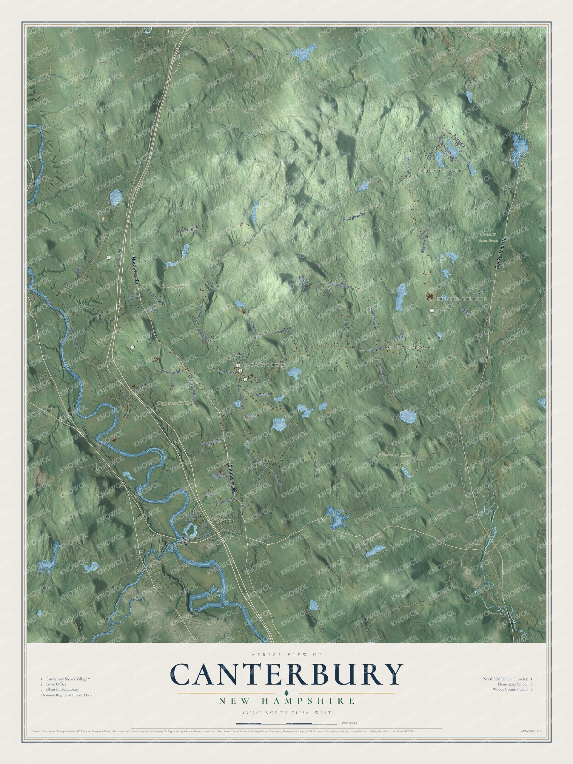 Map of Canterbury, New Hampshire, with the Shaker Village, Canterbury Station, Hills Corner and the Merrimack River
