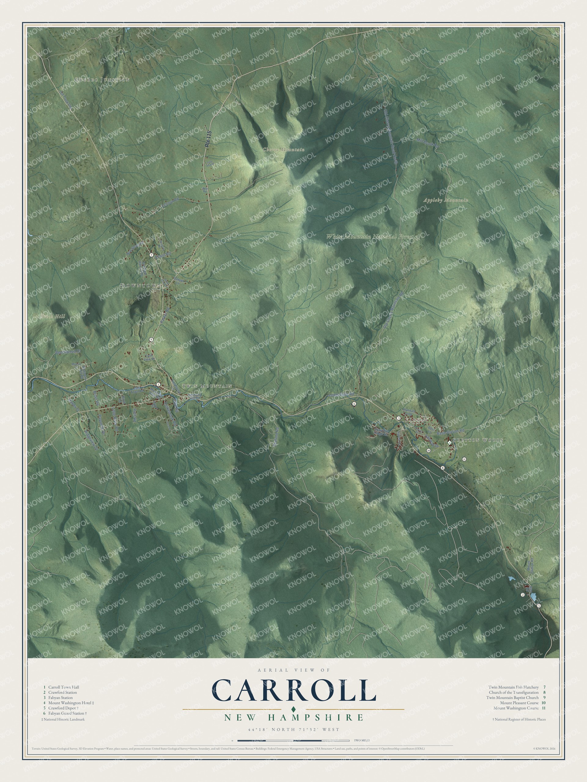 Map of Carroll, New Hampshire, with Bretton Woods, Twin Mountain, Fabyan and the head of Crawford Notch