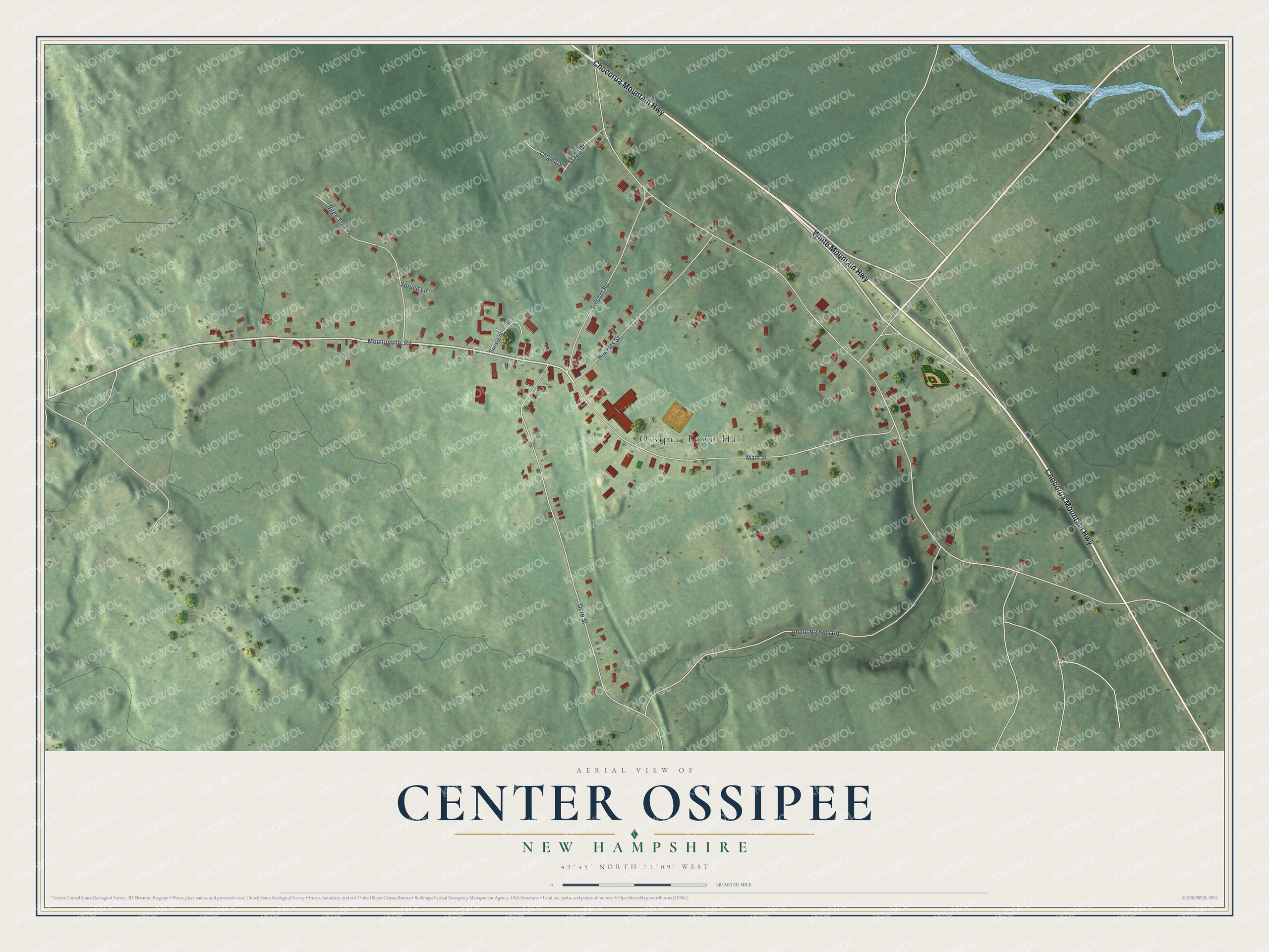 Full map of Center Ossipee, New Hampshire, with red buildings, printed street names and the land around them