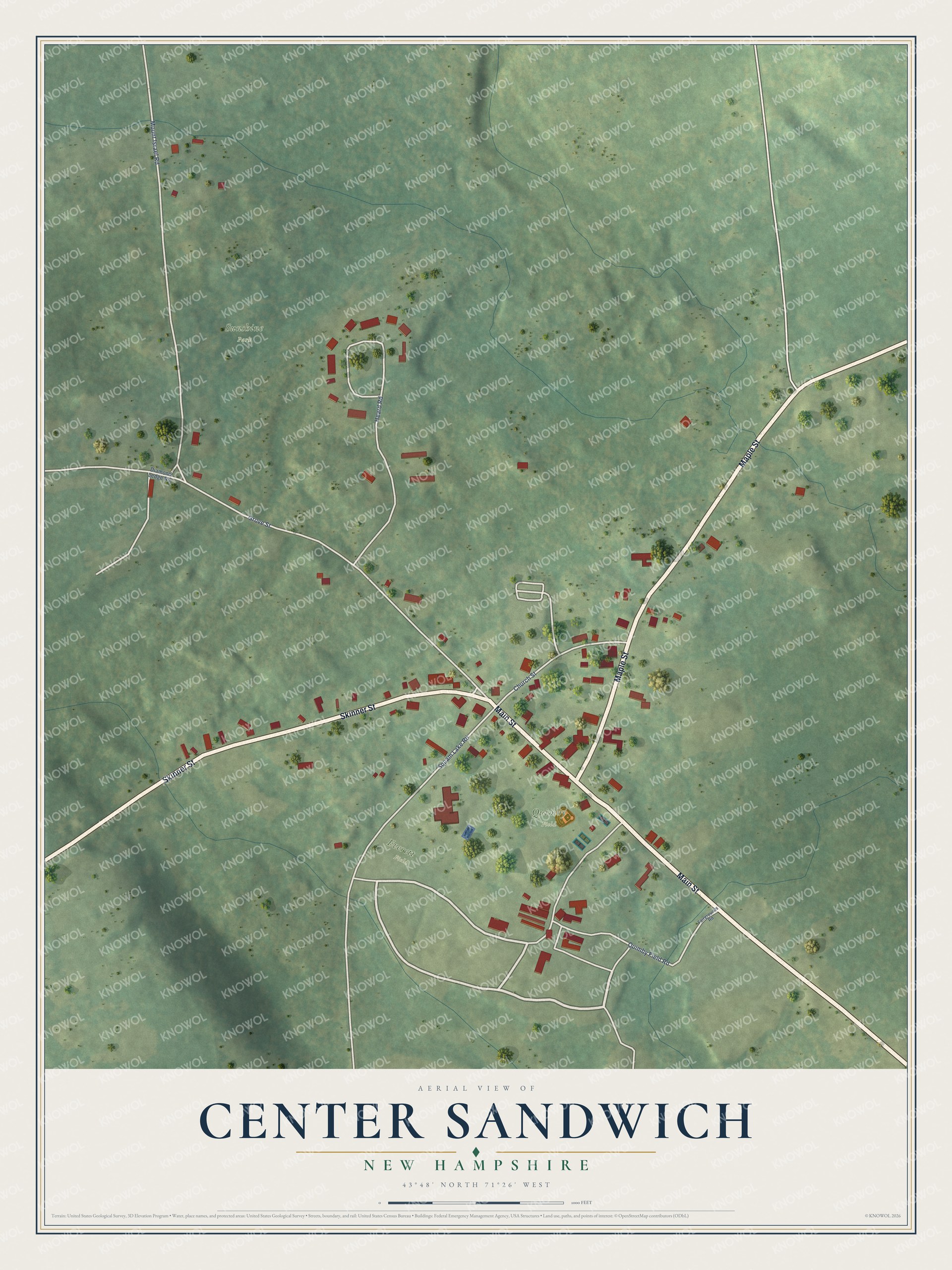 Full map of Center Sandwich, New Hampshire, with red buildings, printed street names and the land around them