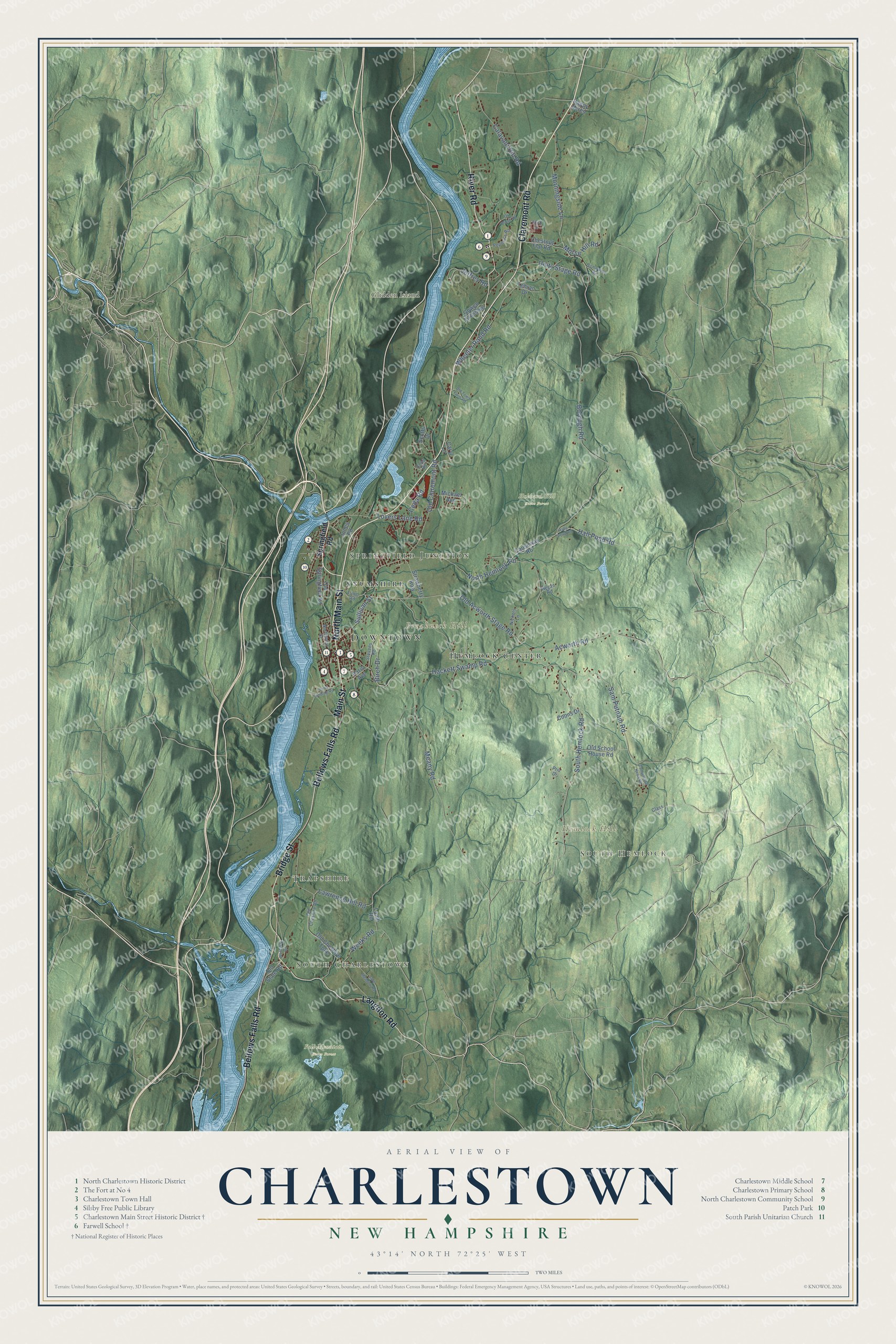 Map of Charlestown, New Hampshire, along the Connecticut River with Main Street, the fort and North Charlestown