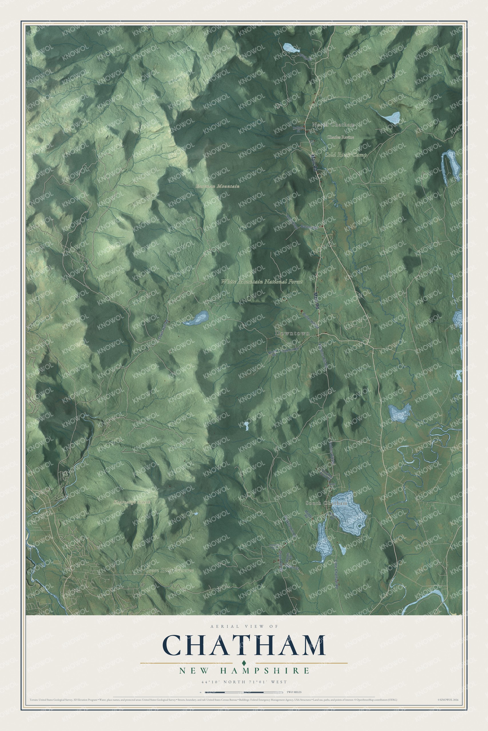 Map of Chatham, New Hampshire, with South Baldface, Eastman Mountain, Charles Ravine and the Maine line