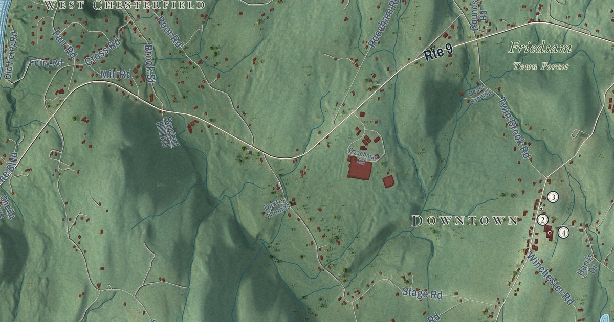 Close-up of streets and buildings in Chesterfield, New Hampshire