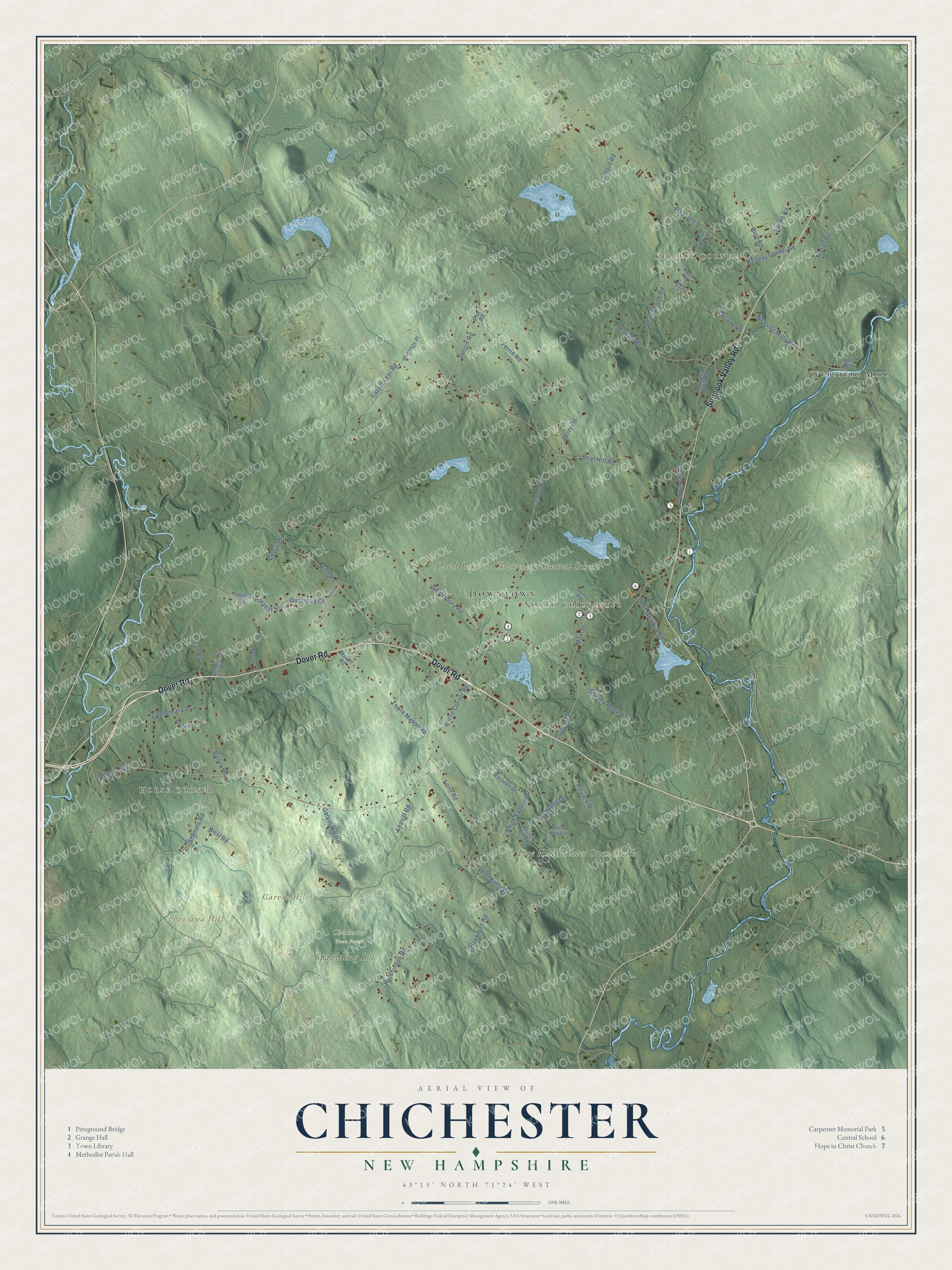 Map of Chichester, New Hampshire, with Horse Corner, Kelleys Corner, the Pineground Bridge and the Suncook River
