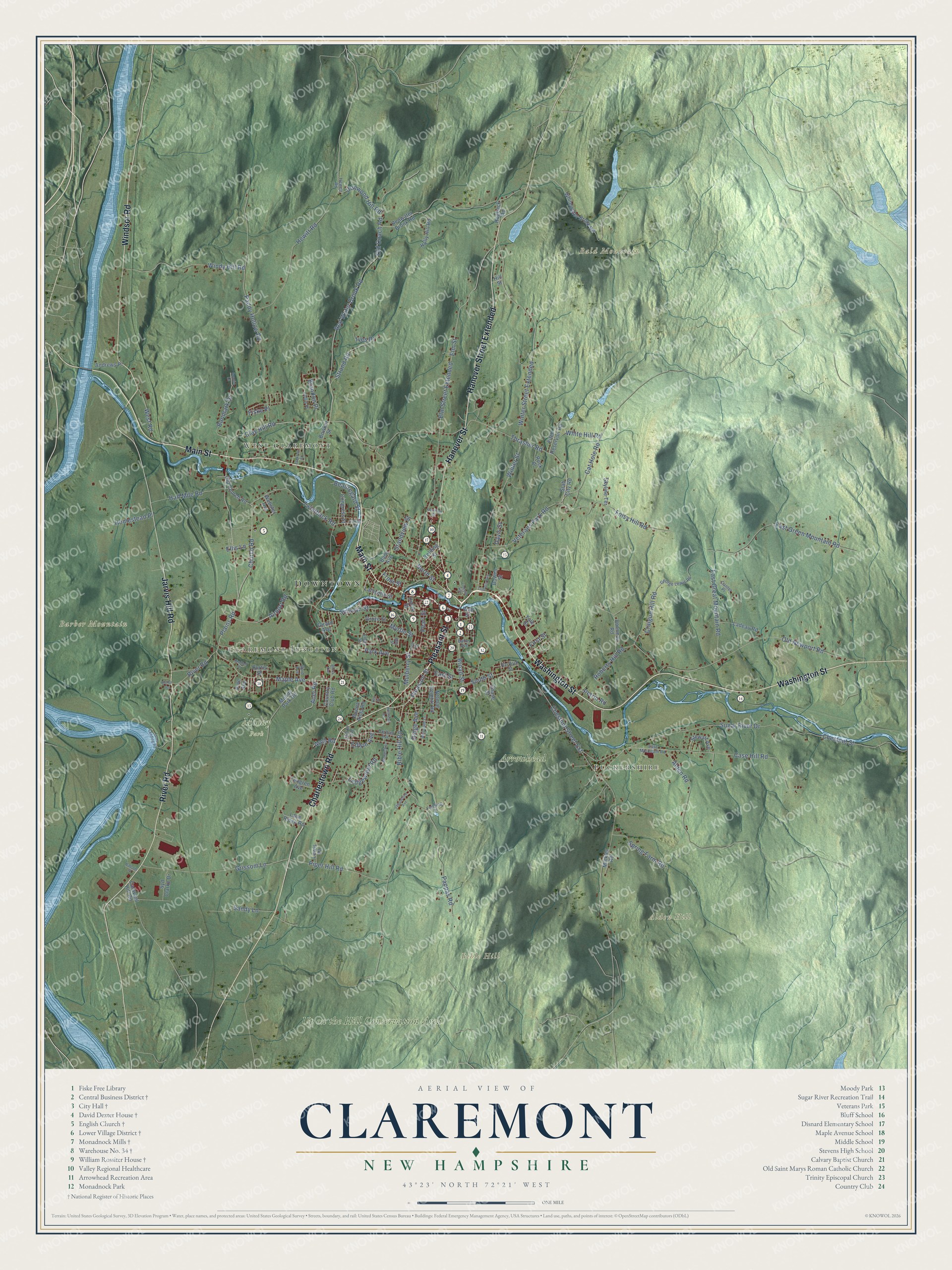 Map of Claremont, New Hampshire, along the Sugar River from downtown and the Lower Village to the Connecticut River