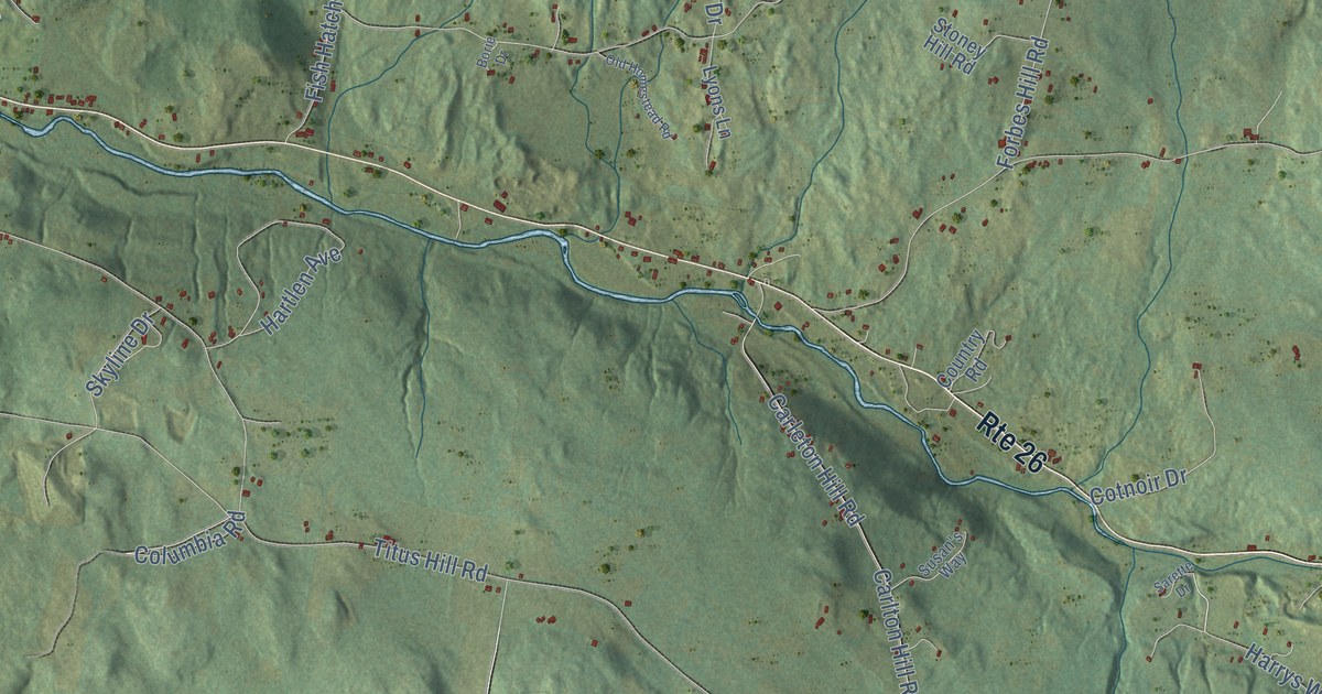 Close-up of streets and buildings in Colebrook, New Hampshire