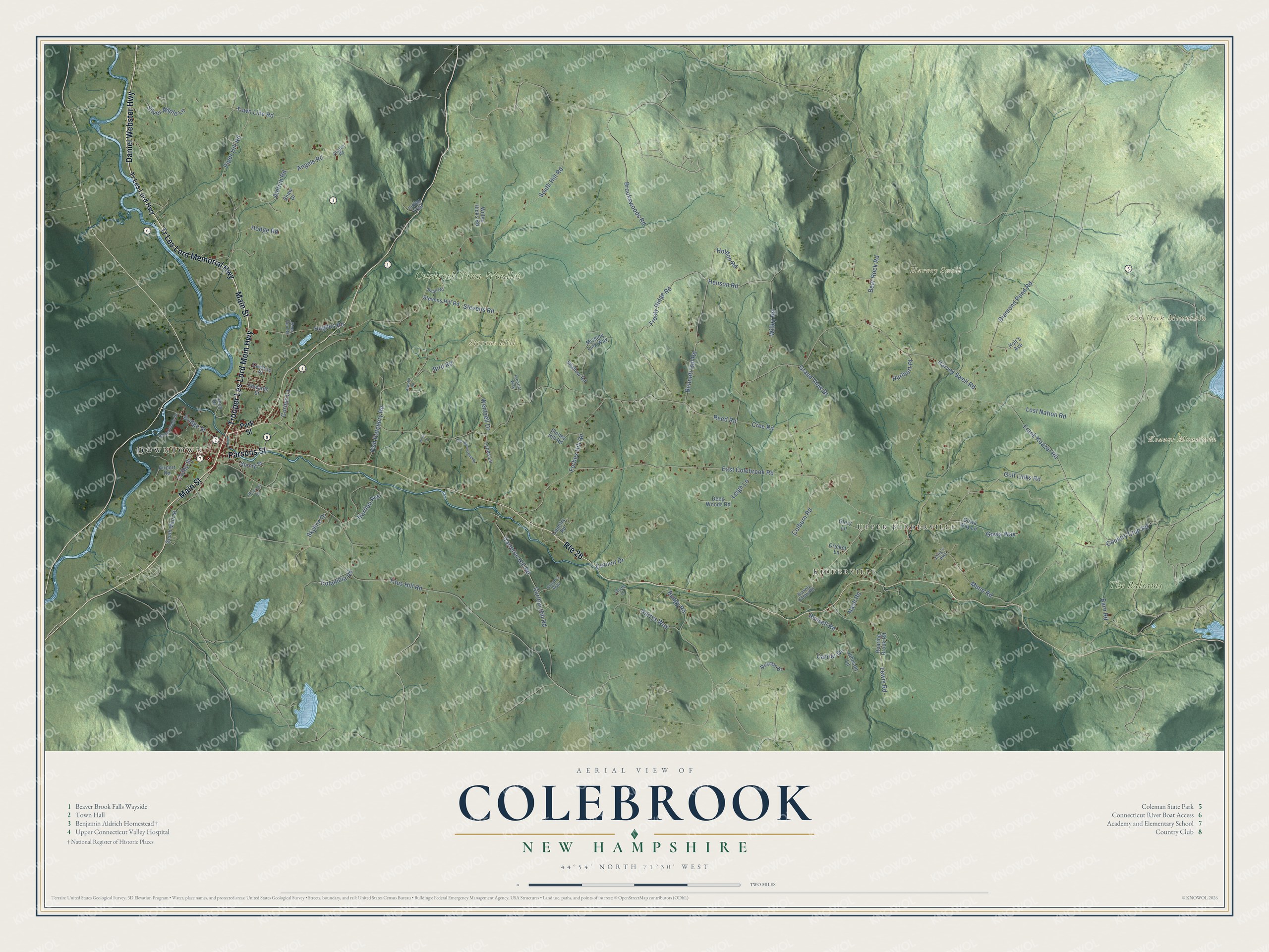 Map of Colebrook, New Hampshire, with the village on the Connecticut River, the Mohawk River valley and Kidderville