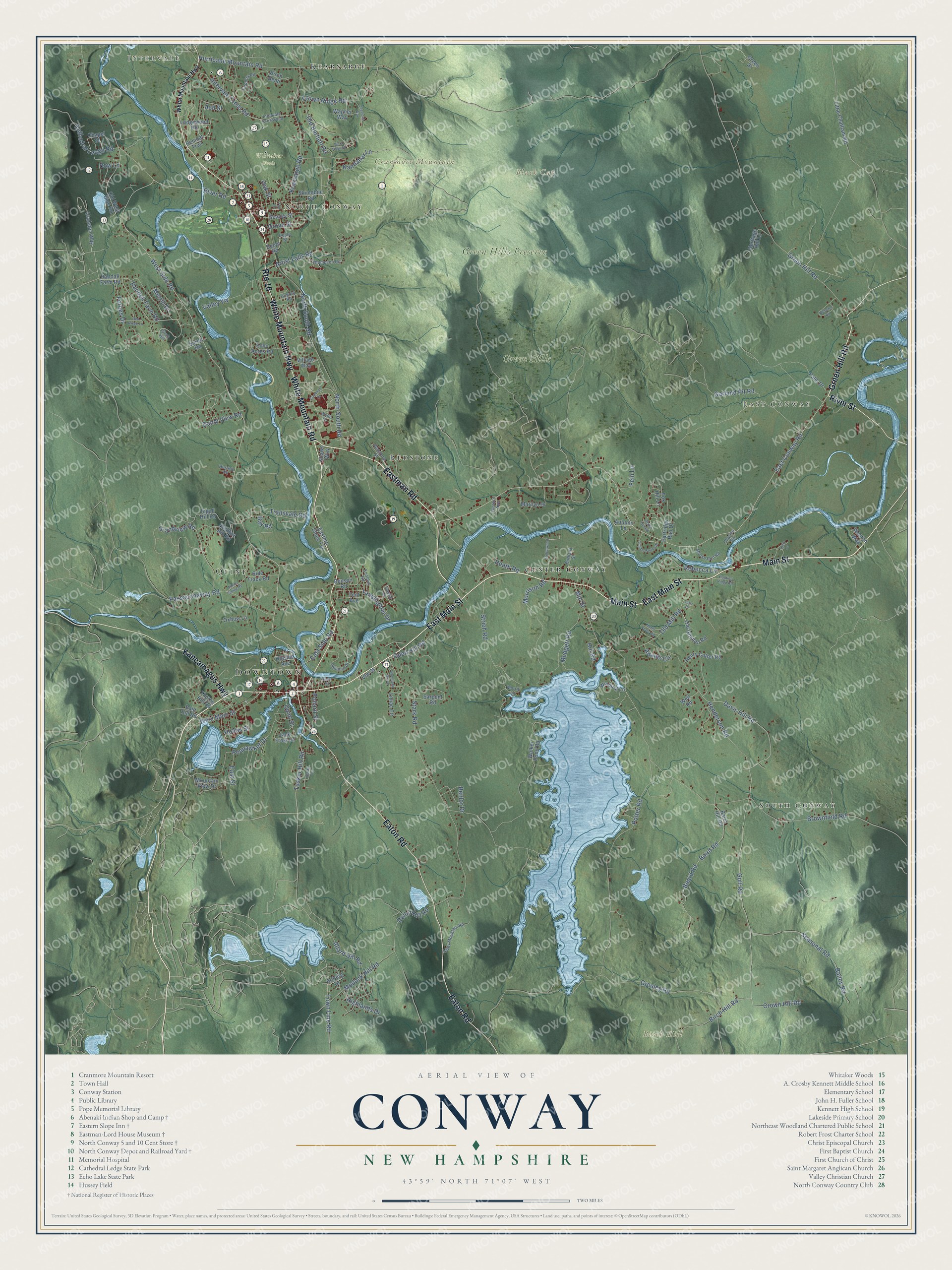 Map of Conway, New Hampshire, with North Conway, Cranmore Mountain Resort, Kearsarge, Intervale and the Saco River