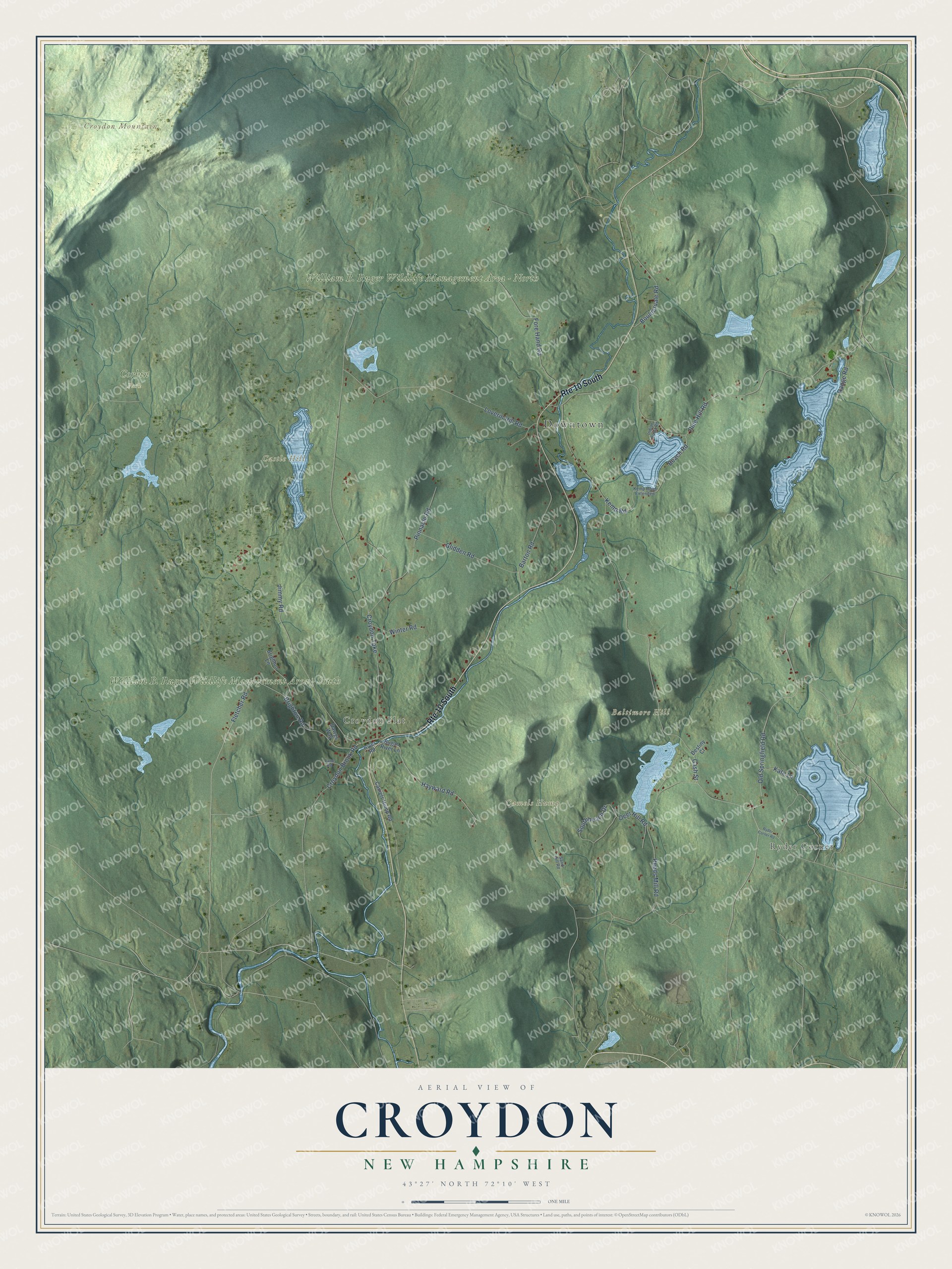 Map of Croydon, New Hampshire, with Croydon Flat, Ryder Corner, Baltimore Hill and the Sugar River valley