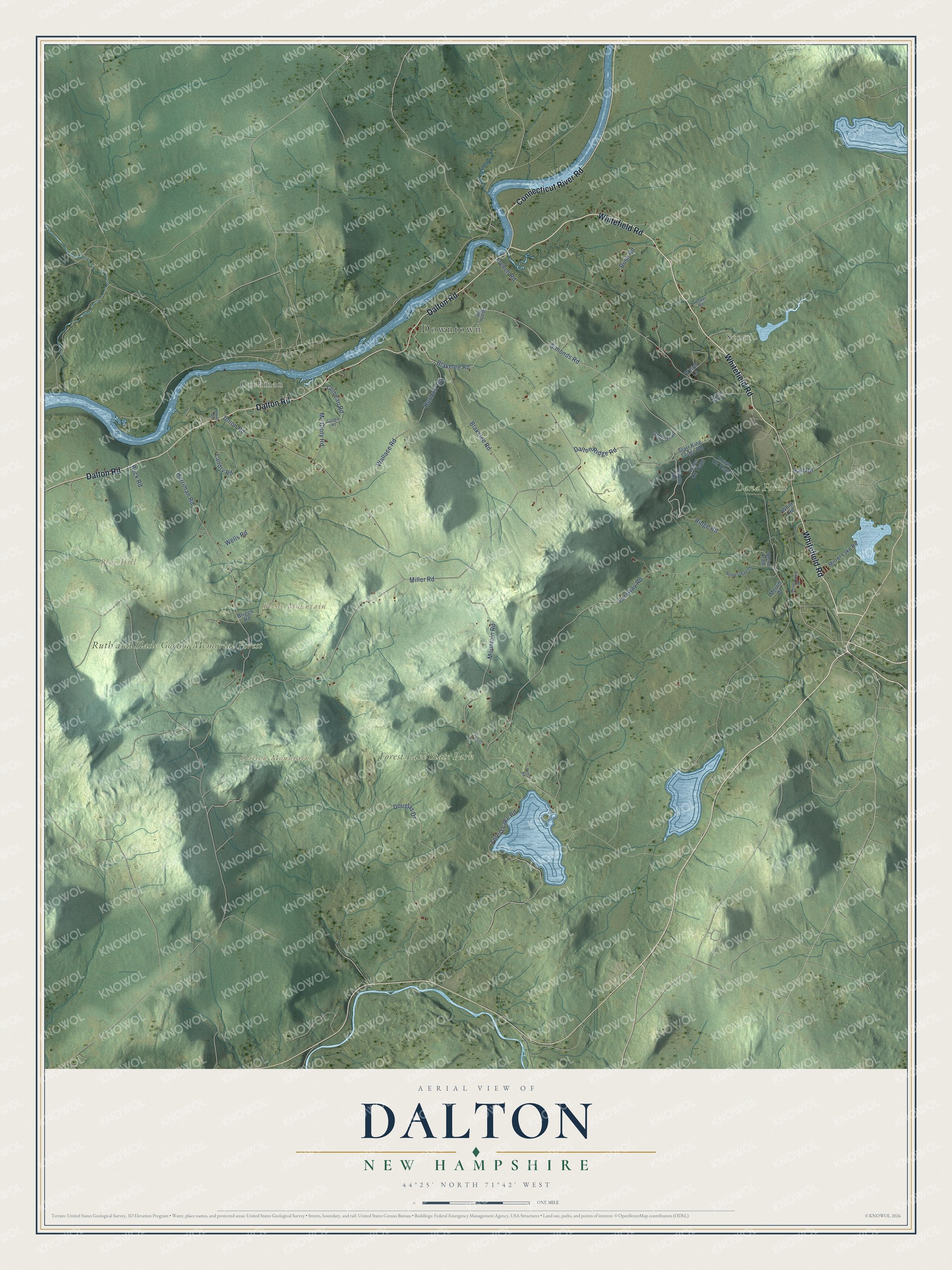 Map of Dalton, New Hampshire, with Cushman, Forest Lake State Park and the Connecticut River
