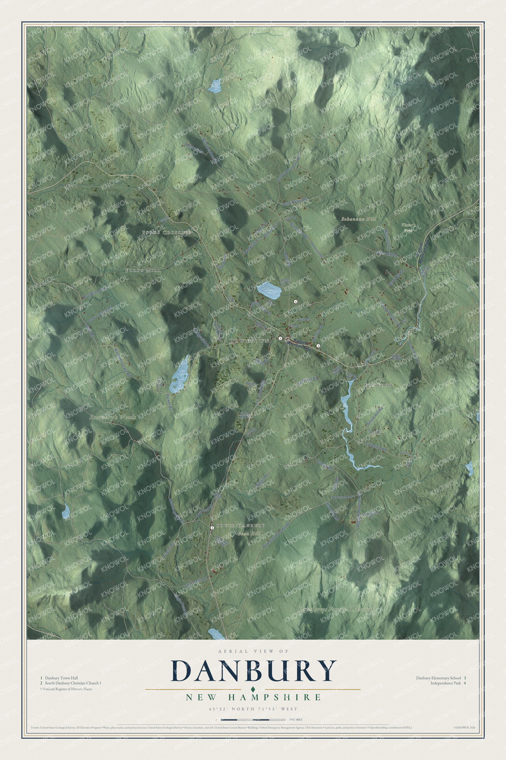 Map of Danbury, New Hampshire, with South Danbury, Elmwood, Fords Crossing and the Smith River
