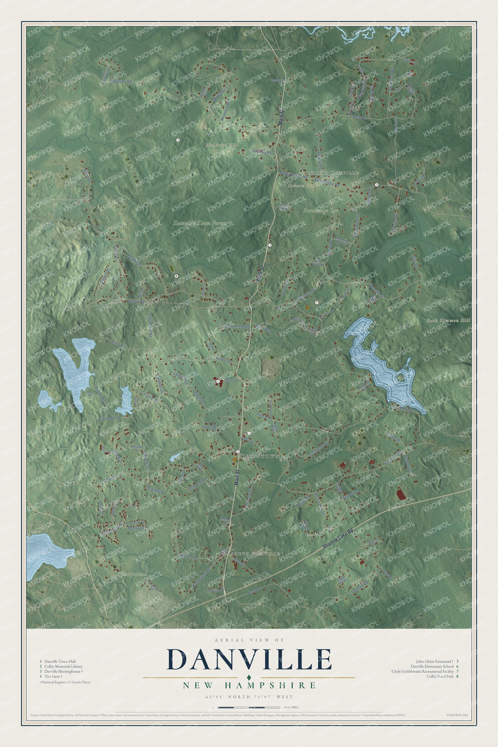 Map of Danville, New Hampshire, with the old meetinghouse, Elm Farm and North Danville