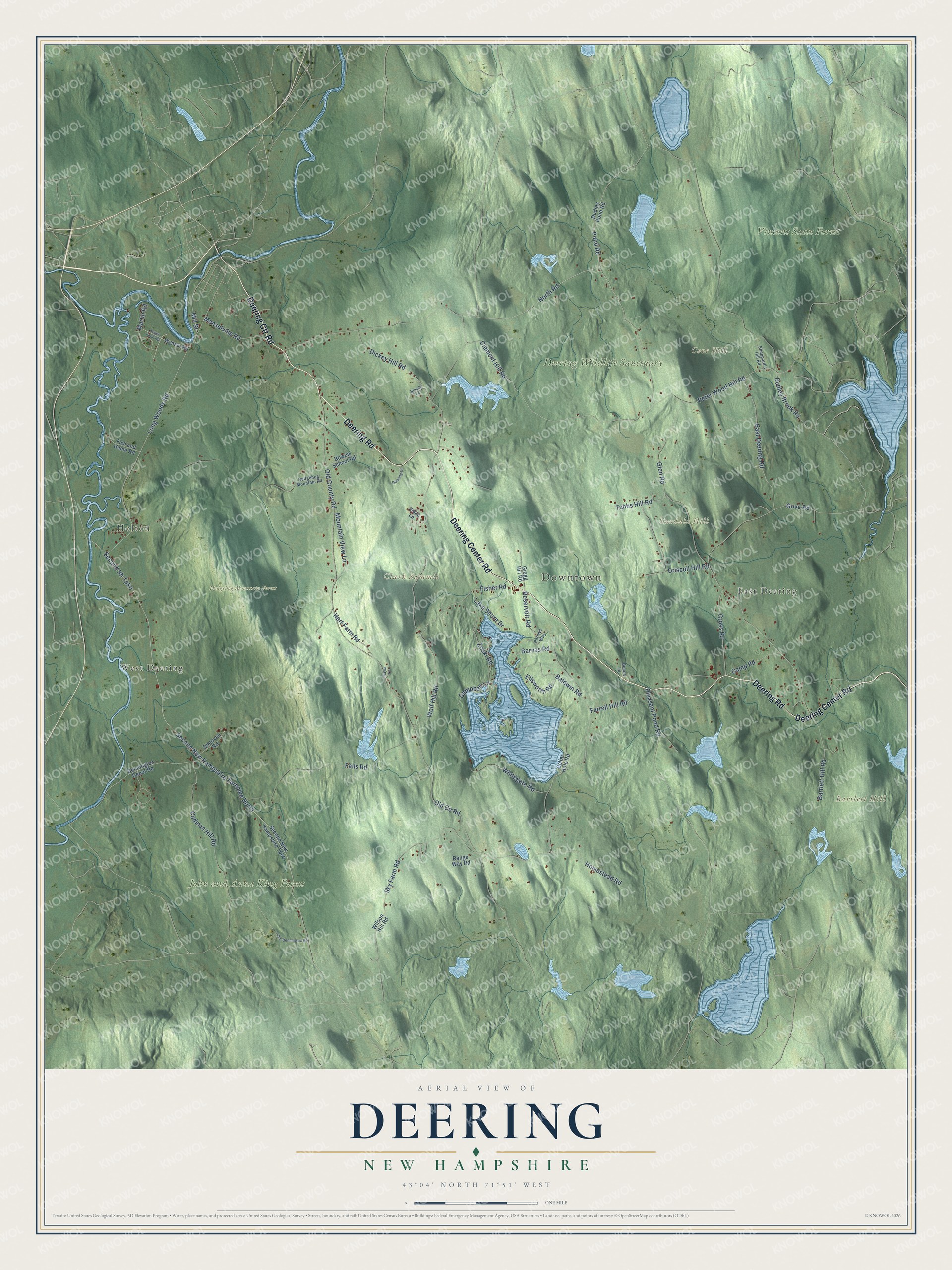 Map of Deering, New Hampshire, with East Deering, Holton, Bartlett Hill and the Contoocook River